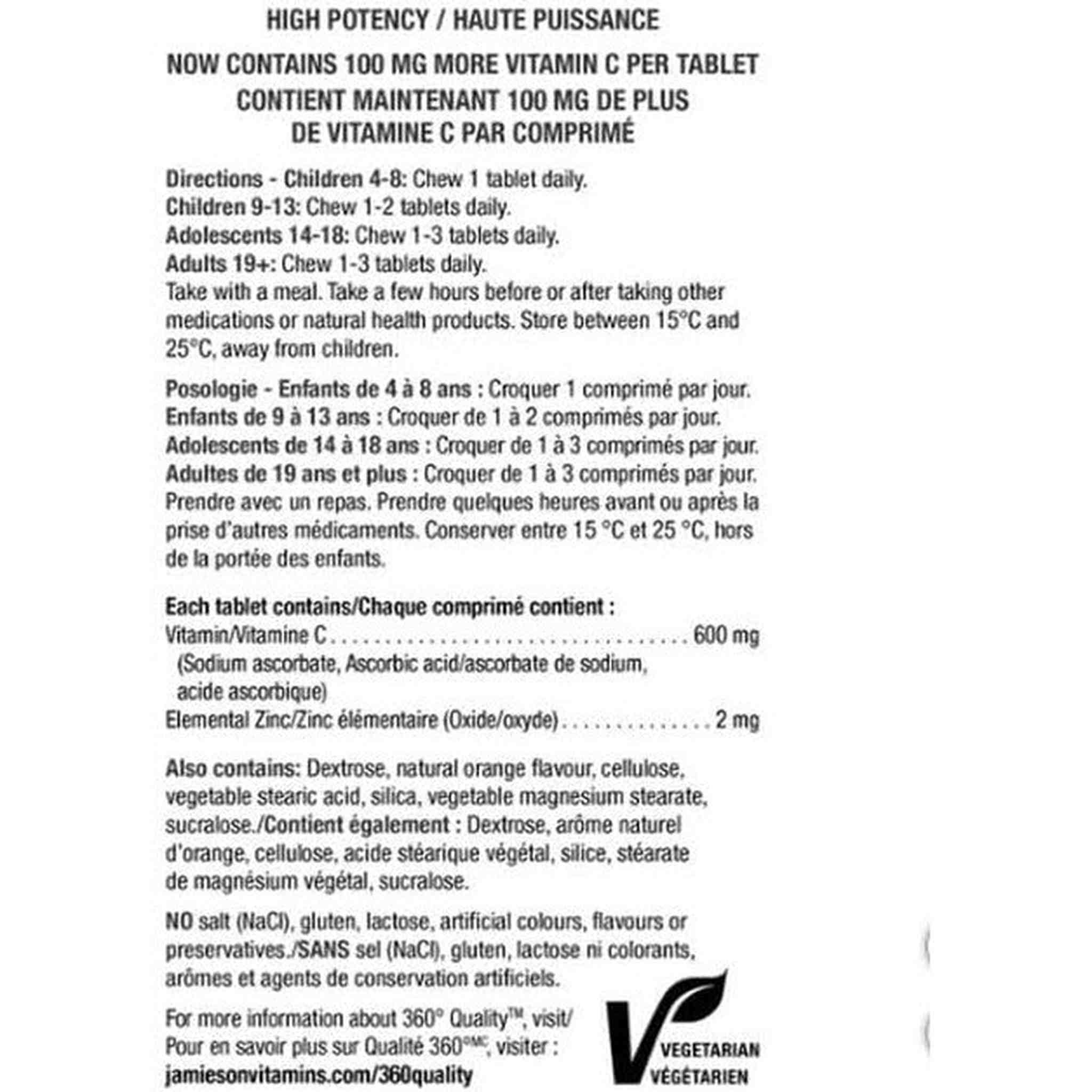 Jamieson Vitamine C + Zinc – Comprimés à Mâcher Saveur Orange – 600mg – 340 Comprimés