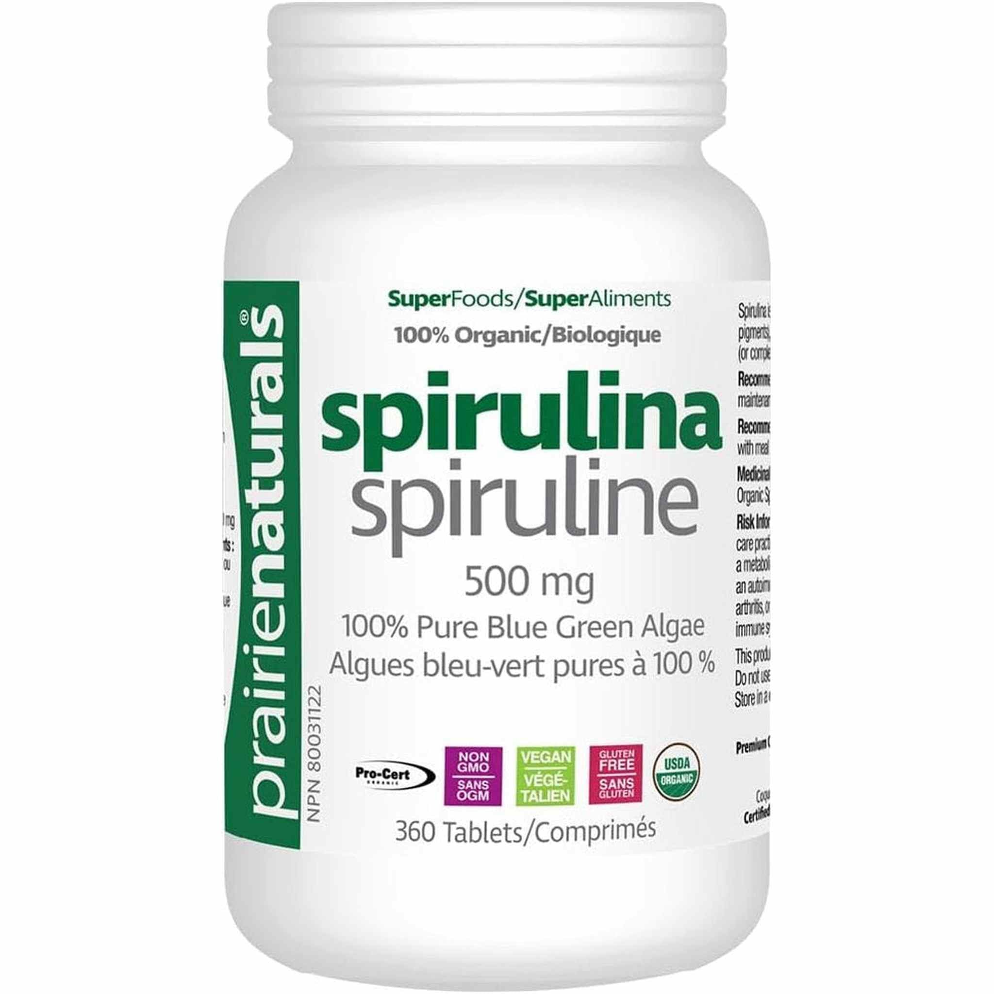 Prairie Naturals Spiruline Bio – Algues Bleues-Vertes – 360 Comprimés