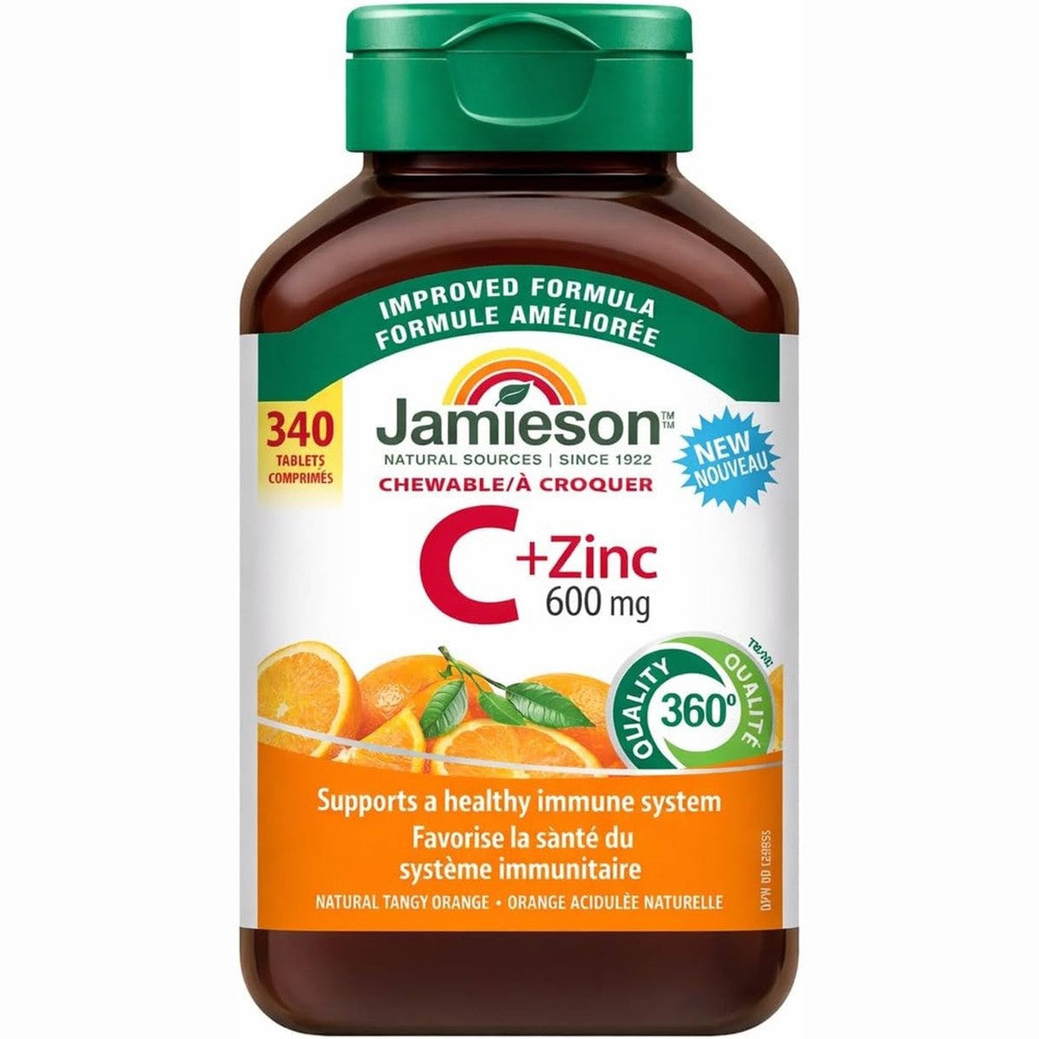 Jamieson Vitamine C + Zinc â ComprimĂŠs Ă Mâcher Saveur Orange â 600mg â 340 ComprimĂŠs