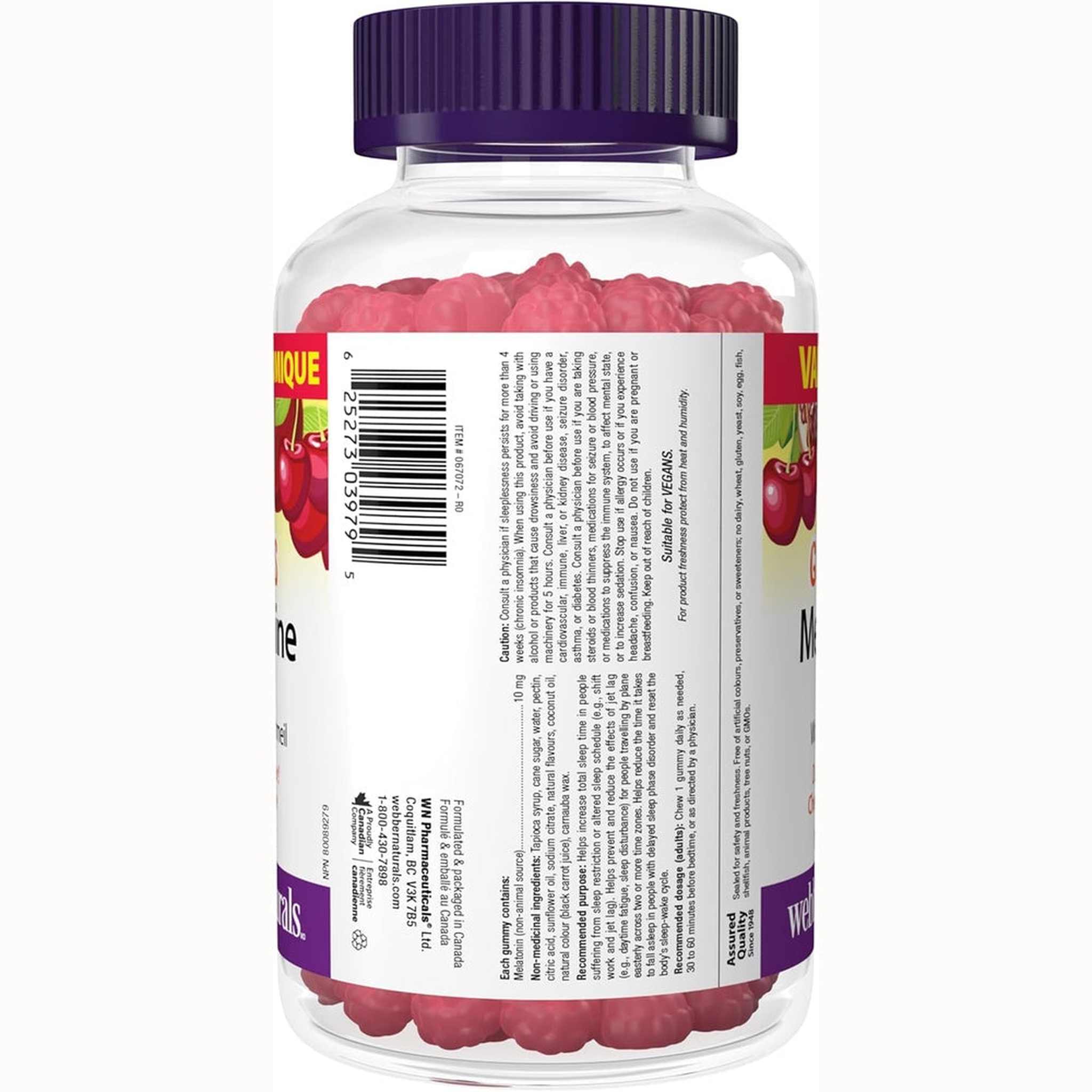 Webber Naturals Mélatonine 10mg Gummy – Cerise & Grenade – 100 Gommes