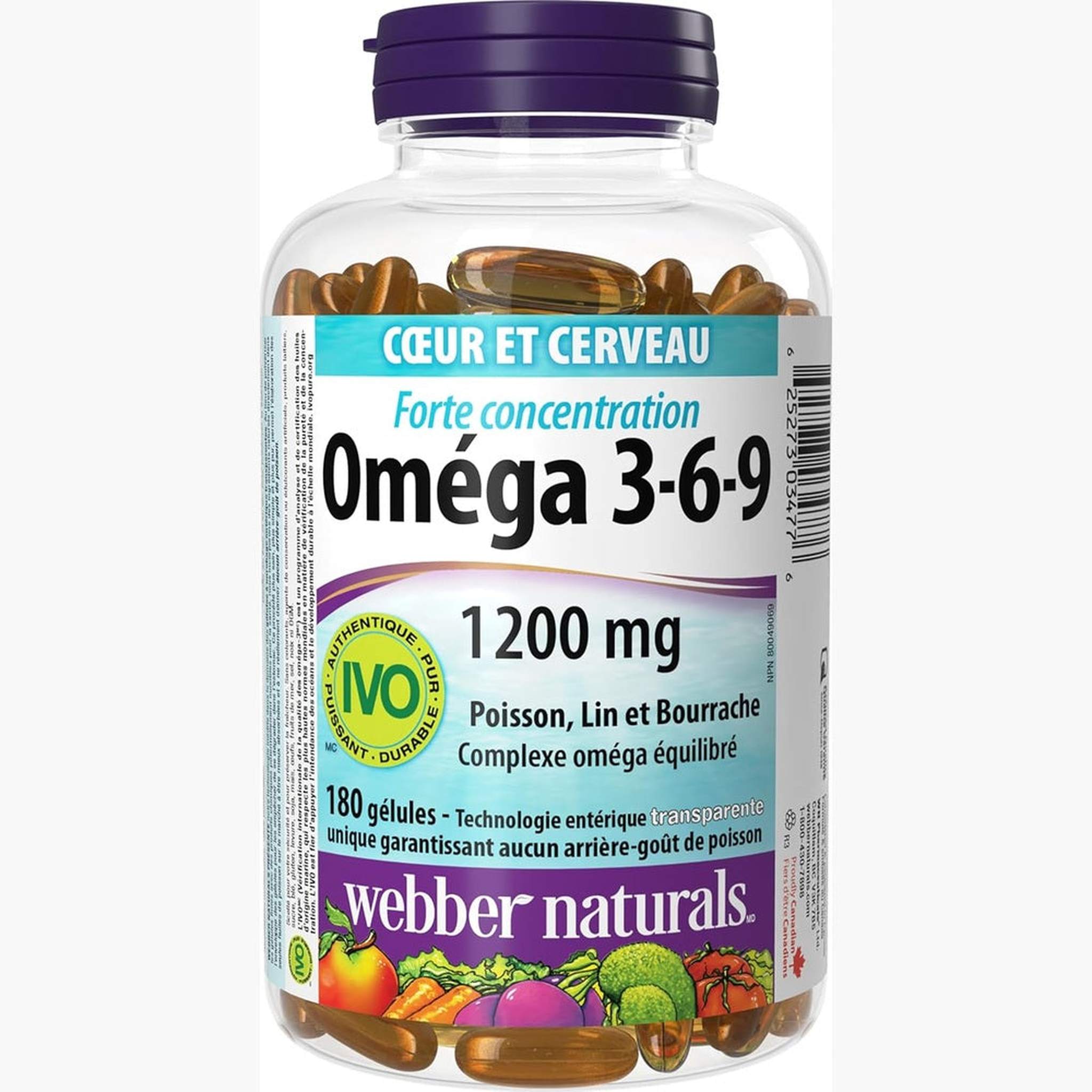 Webber Naturals Omega 3-6-9 1200mg – 180 Capsules Entériques – Sans Arrière-Goût