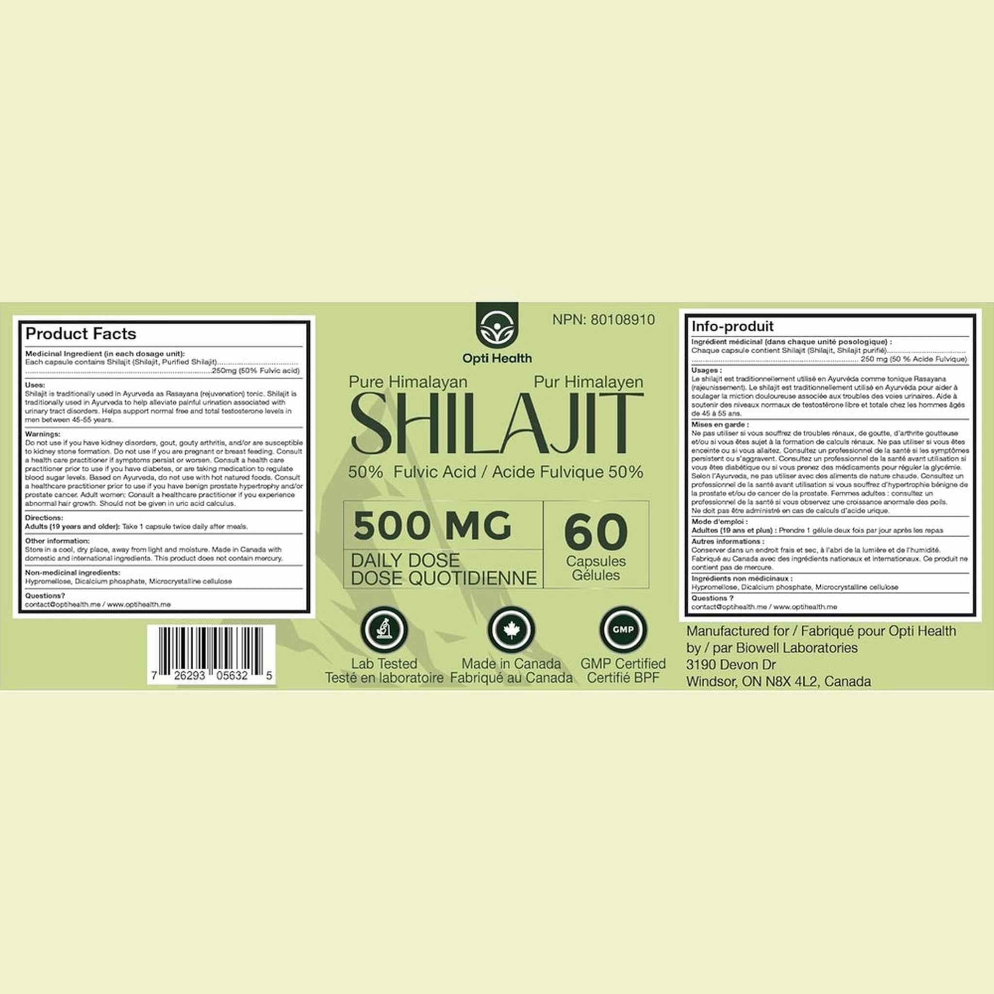 Opti Health Shilajit Himalayen Pur 500mg – 50% Acide Fulvique – 60 Capsules