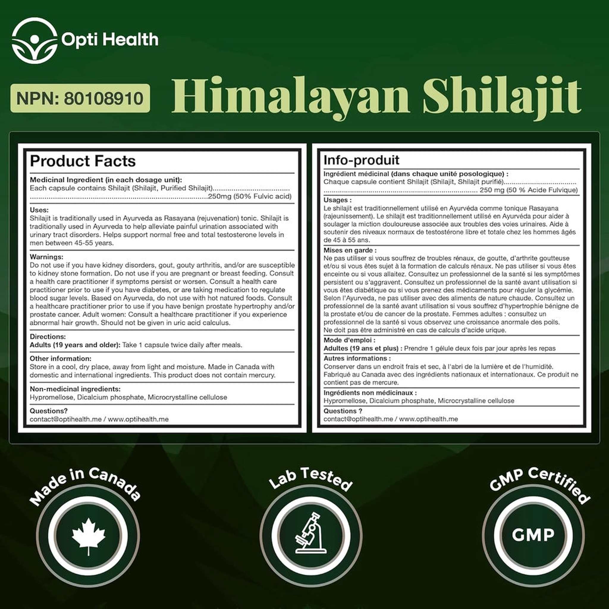 Opti Health Shilajit Himalayen Pur 500mg – 50% Acide Fulvique – 60 Capsules