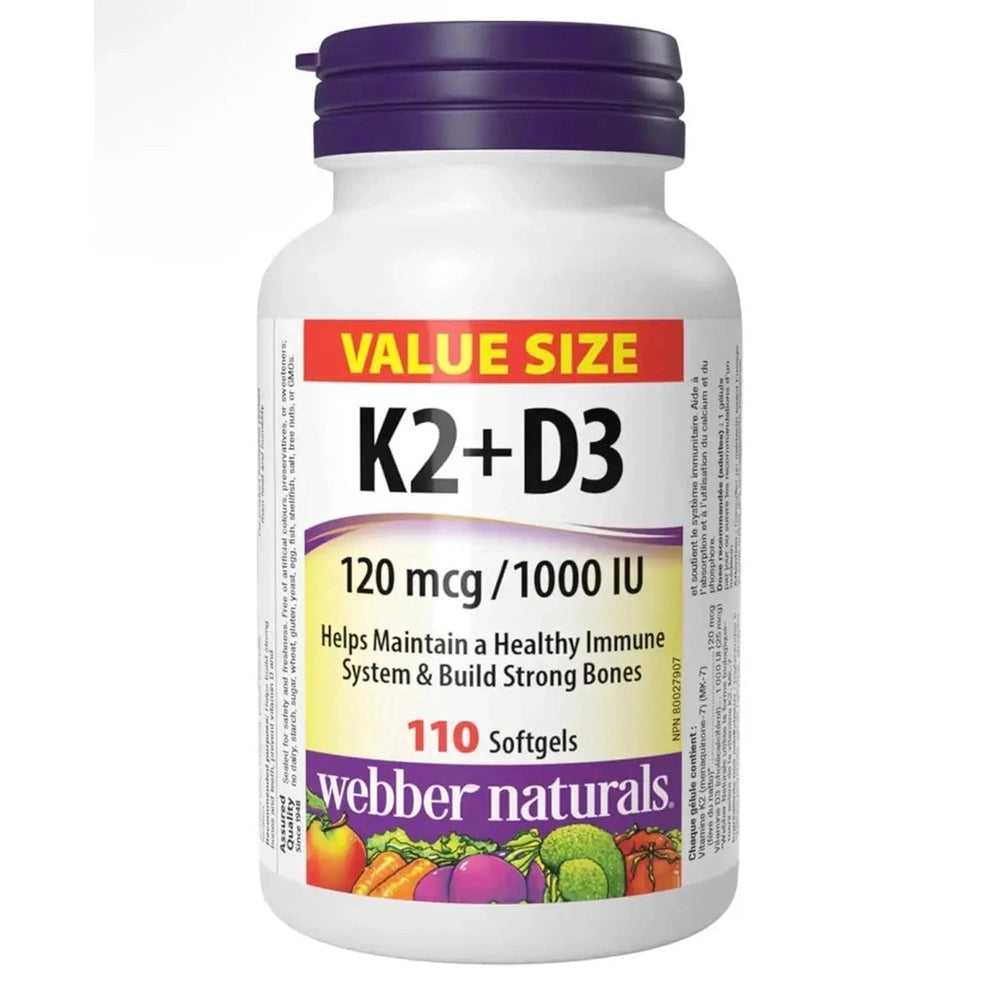 K2 + D3 120mcg Webber Naturals - Santé Osseuse & Cardiovasculaire | 110 Softgels
