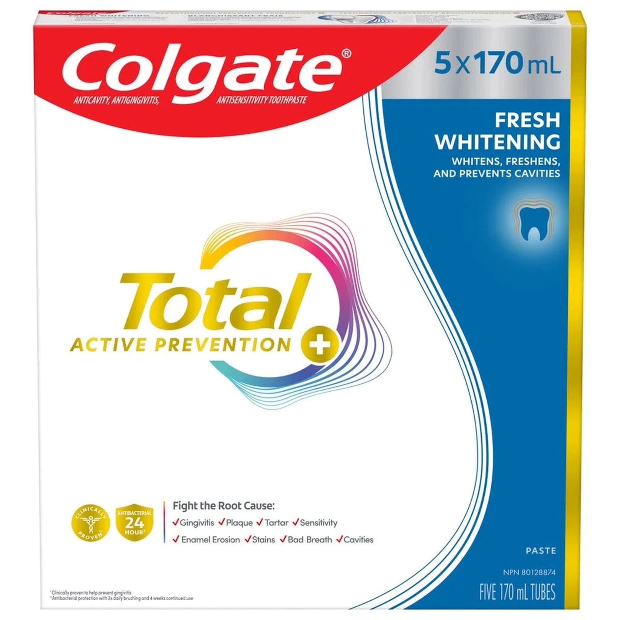 Colgate Active Prevention Plus Fresh Whitening – Dentifrice Blanchissant – Lot de 5 x 170ml