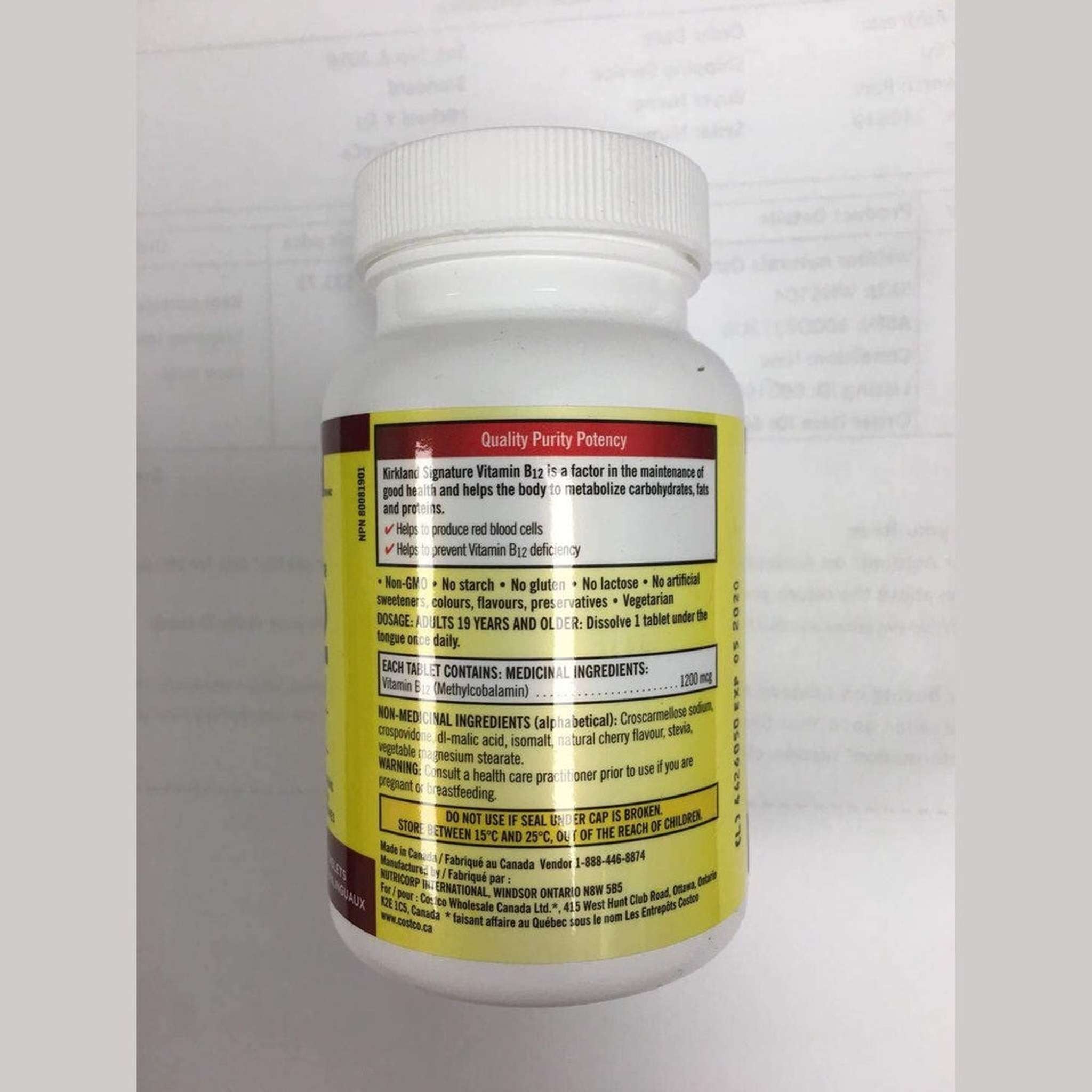 Kirkland Signature Vitamine B12 1 200mcg – 360 Comprimés Sublinguaux
