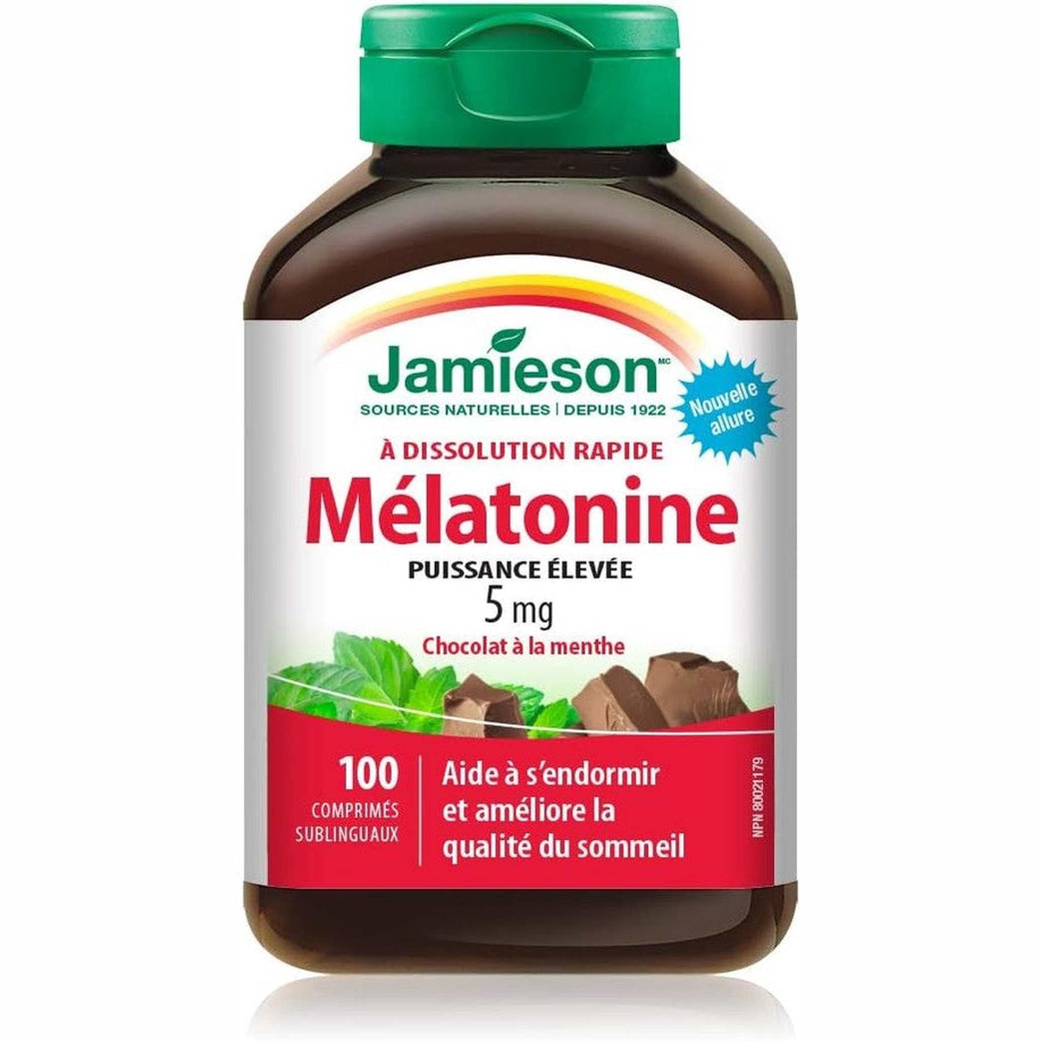 Jamieson Mélatonine 5mg Extra Forte – Menthe Chocolat – 100 Comprimés à Dissolution Rapide