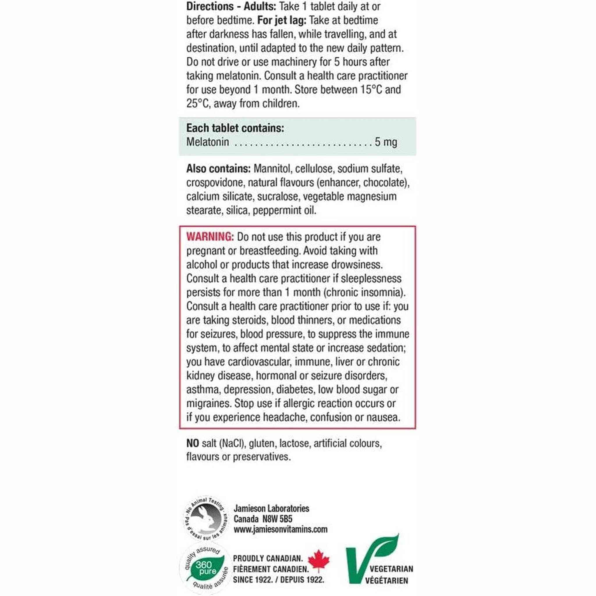 Jamieson Mélatonine 5mg Extra Forte – Menthe Chocolat – 100 Comprimés à Dissolution Rapide