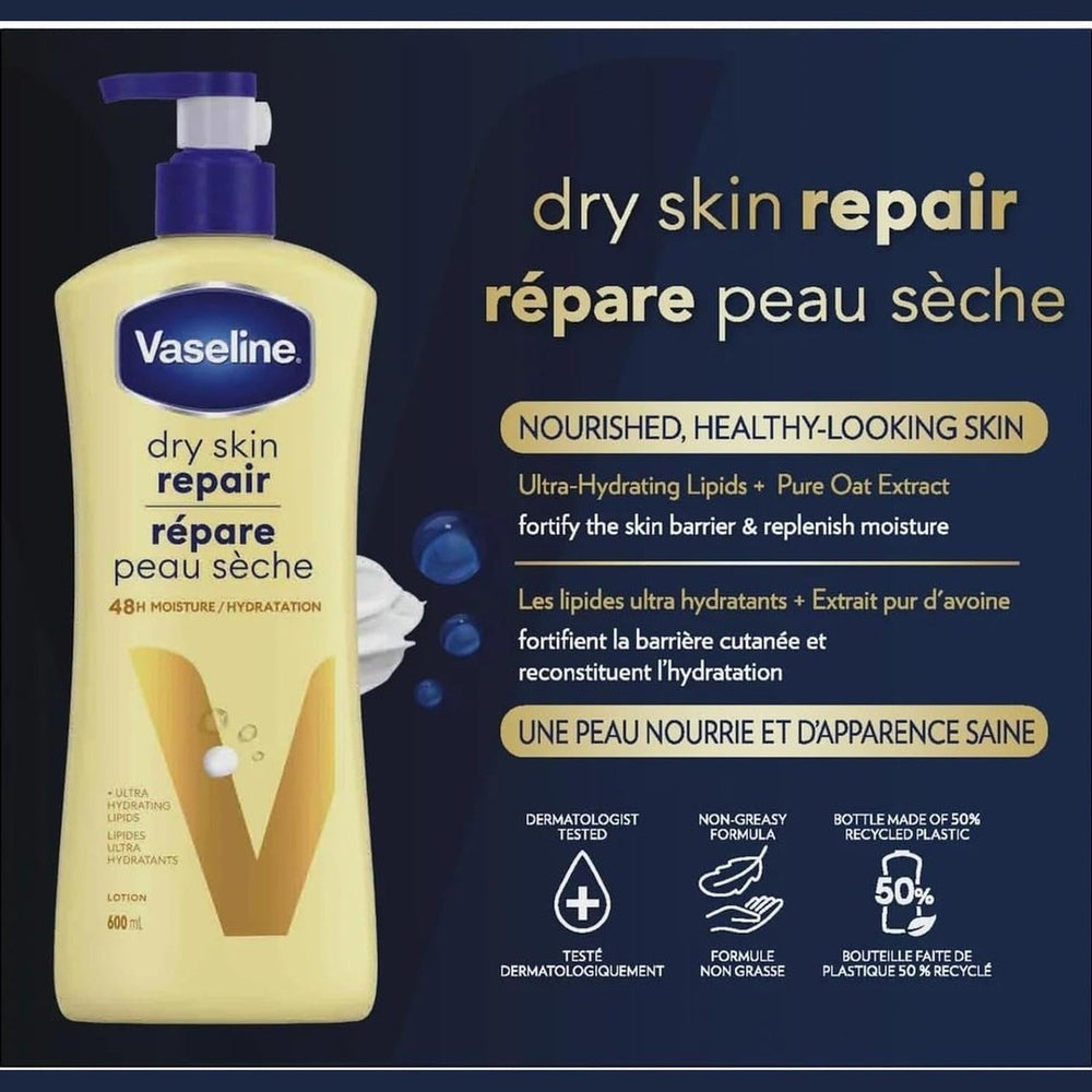 Vaseline Lait Corporel Réparateur Peau Sèche – 48H d'Humidité – 600ml