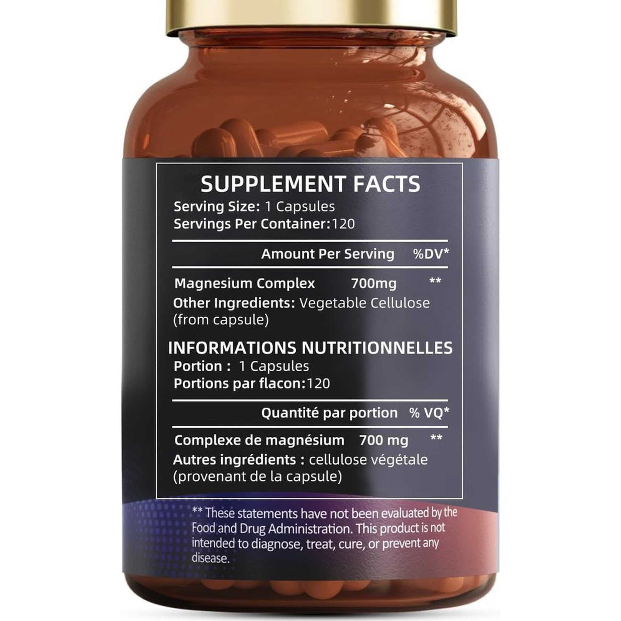 Magnésium 700mg Complexe 12 en 1 – 120 Capsules Végétariennes