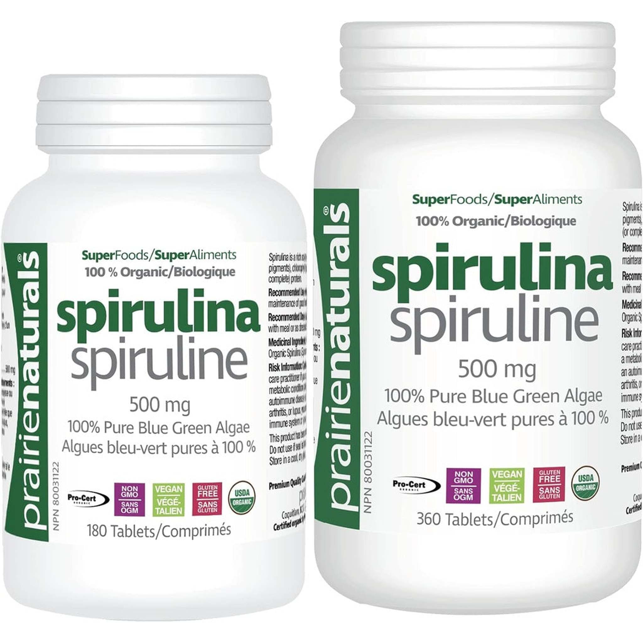 Prairie Naturals Spiruline Bio – Algues Bleues-Vertes – 360 Comprimés