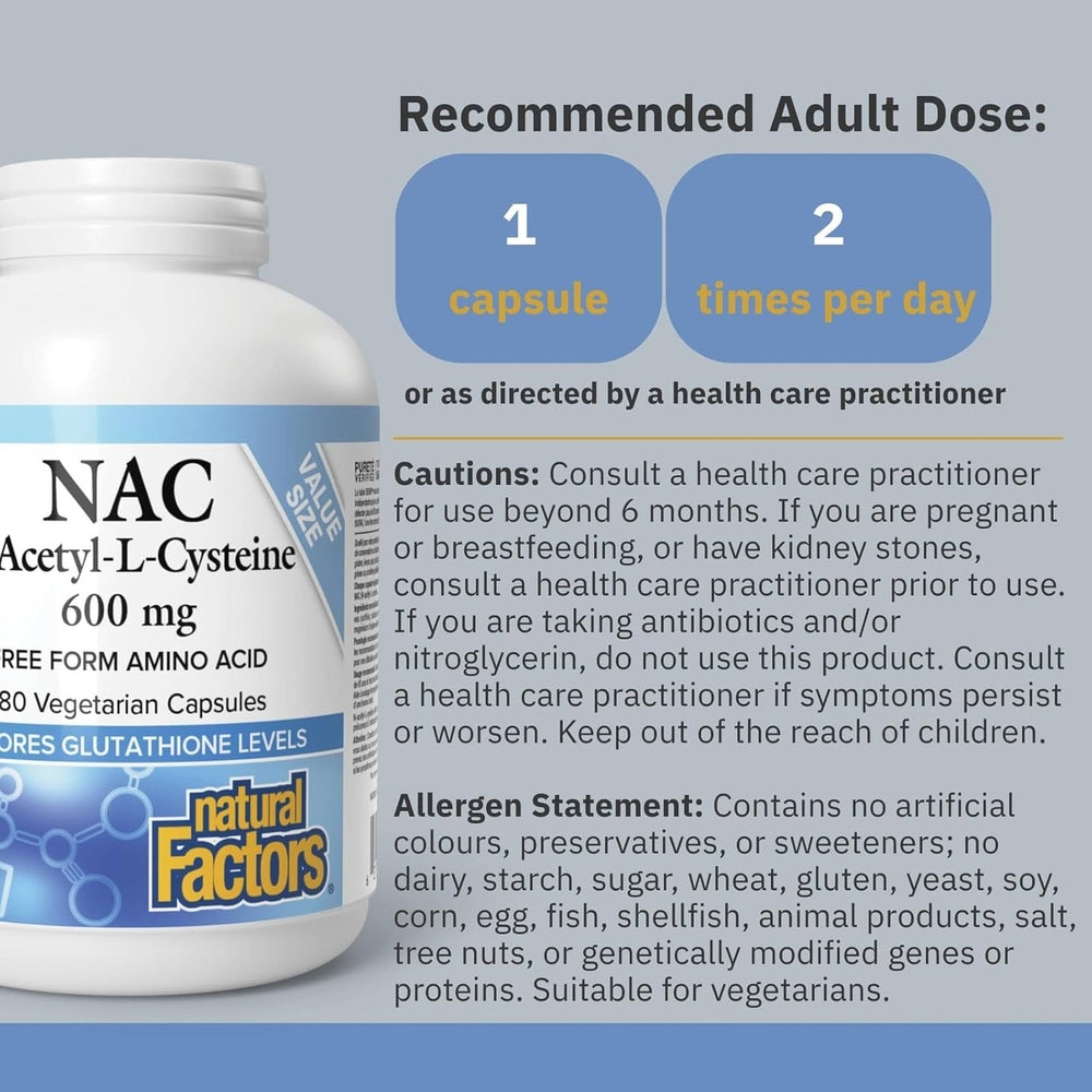 Natural Factors NAC N-Acétyl-L-Cystéine 600mg – 180 Gélules Végétariennes