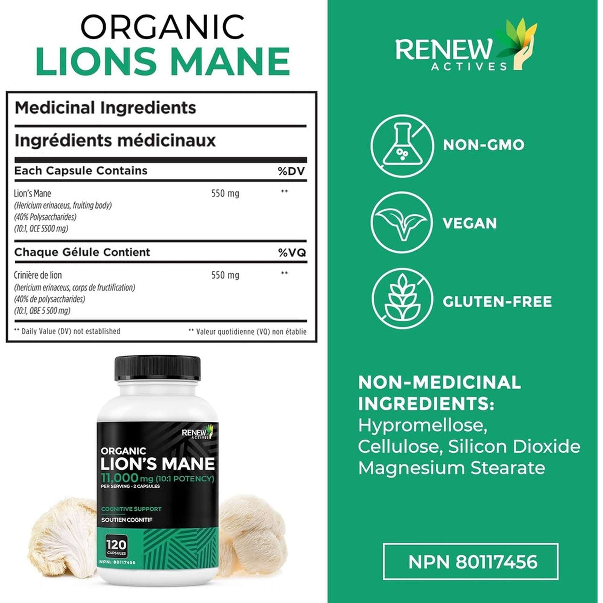 RENEW ACTIVES Crinière de Lion Biologique 11 000mg – 120 Capsules