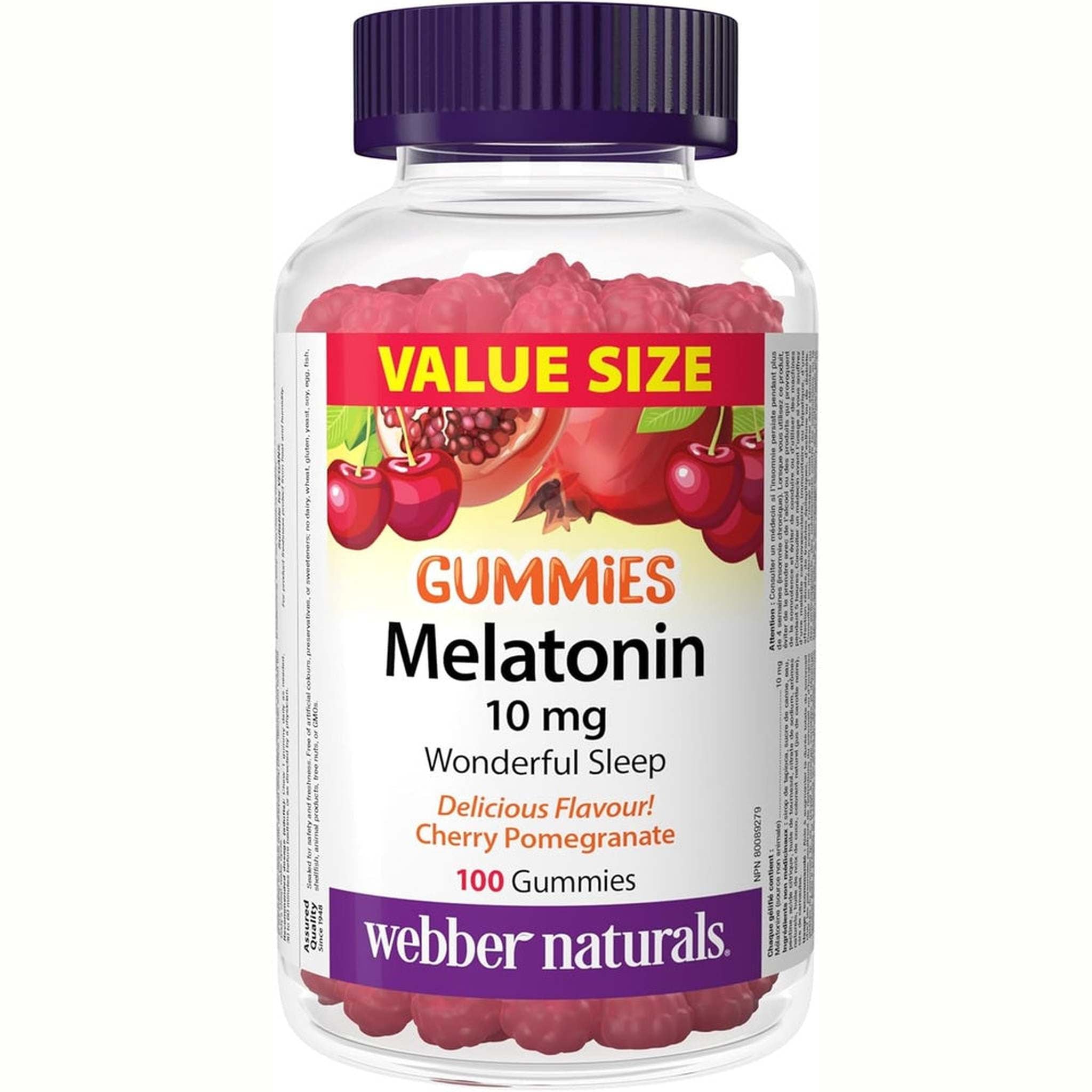 Webber Naturals Mélatonine 10mg Gummy – Cerise & Grenade – 100 Gommes