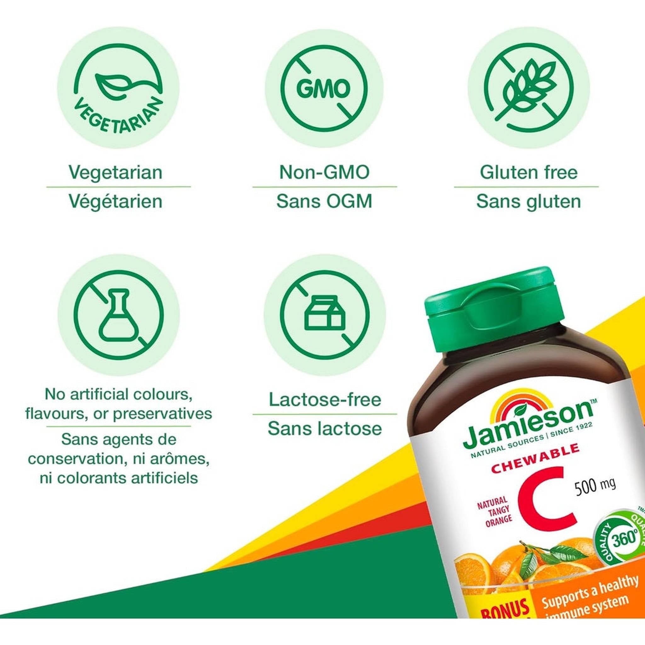Jamieson Vitamine C à Mâcher 500mg – 120 Comprimés – Immunité & Antioxydant