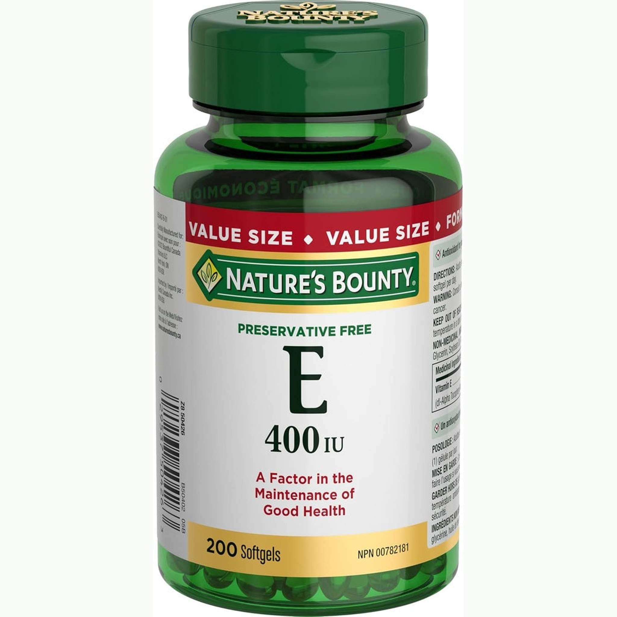 Nature's Bounty Vitamine E 400 UI – 200 Gélules – Antioxydant Sans Conservateurs