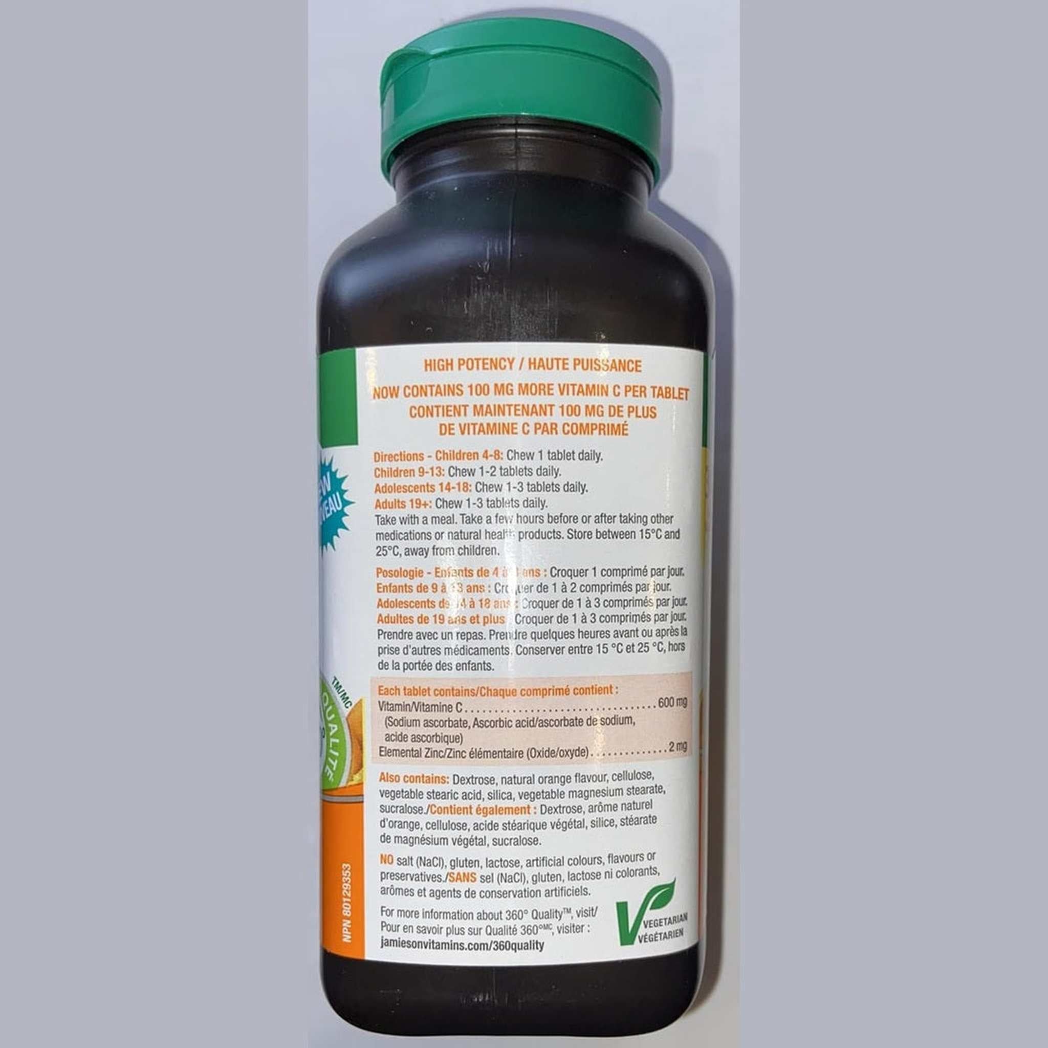 Jamieson Vitamine C + Zinc – Comprimés à Mâcher Saveur Orange – 600mg – 340 Comprimés
