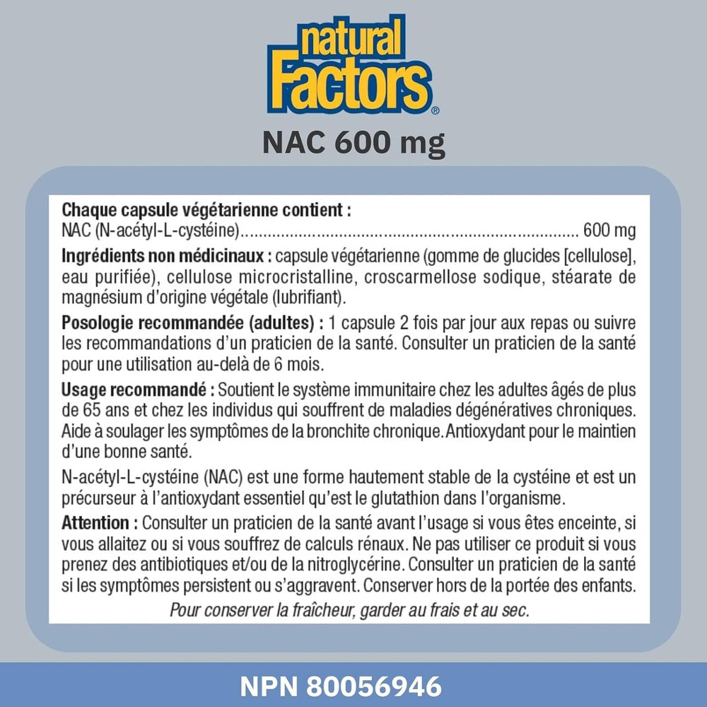 Natural Factors NAC N-Acétyl-L-Cystéine 600mg – 180 Gélules Végétariennes