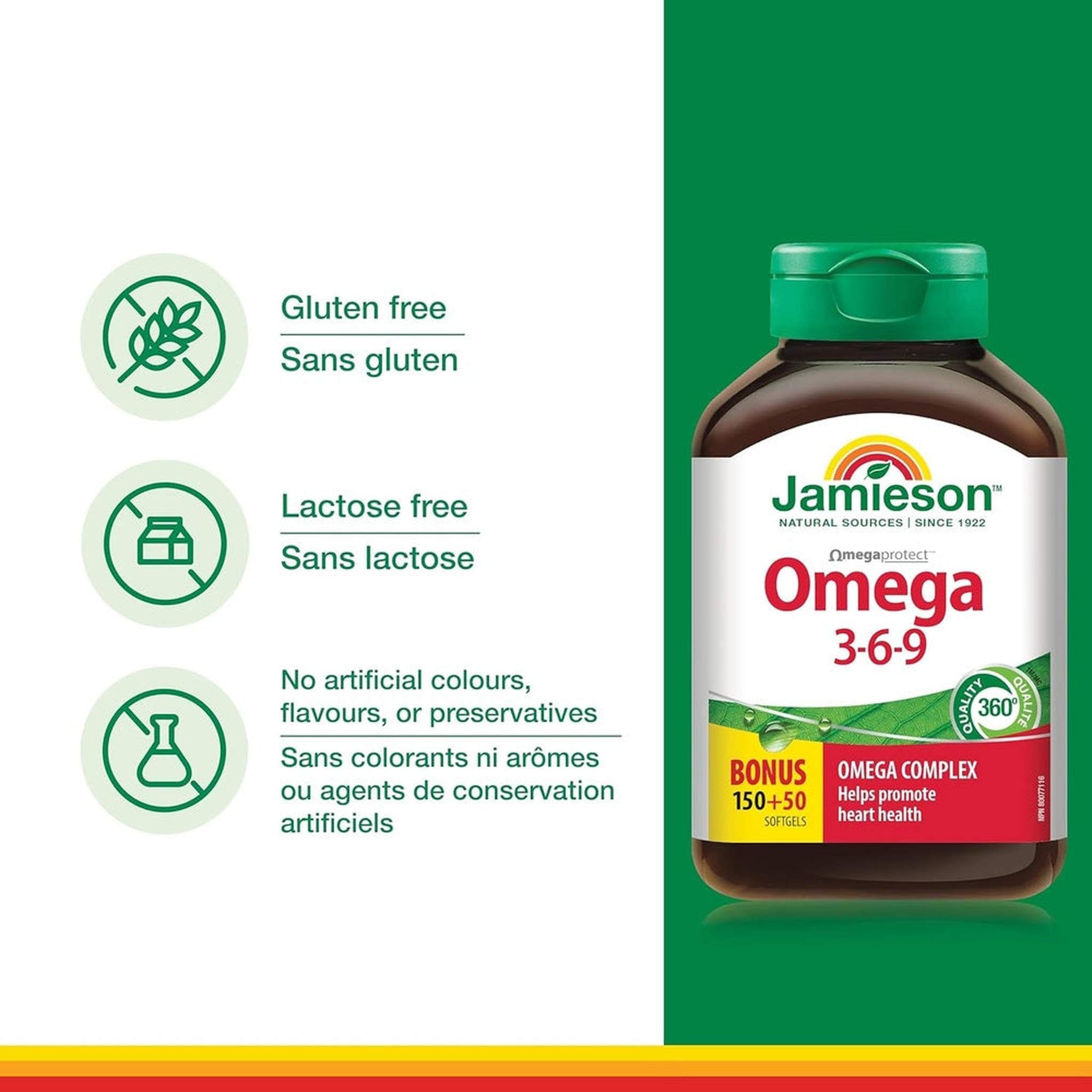 Jamieson Oméga 3-6-9 – 200 Gélules Molles Taille Bonus – Huile de Poisson, Bourrache & Lin