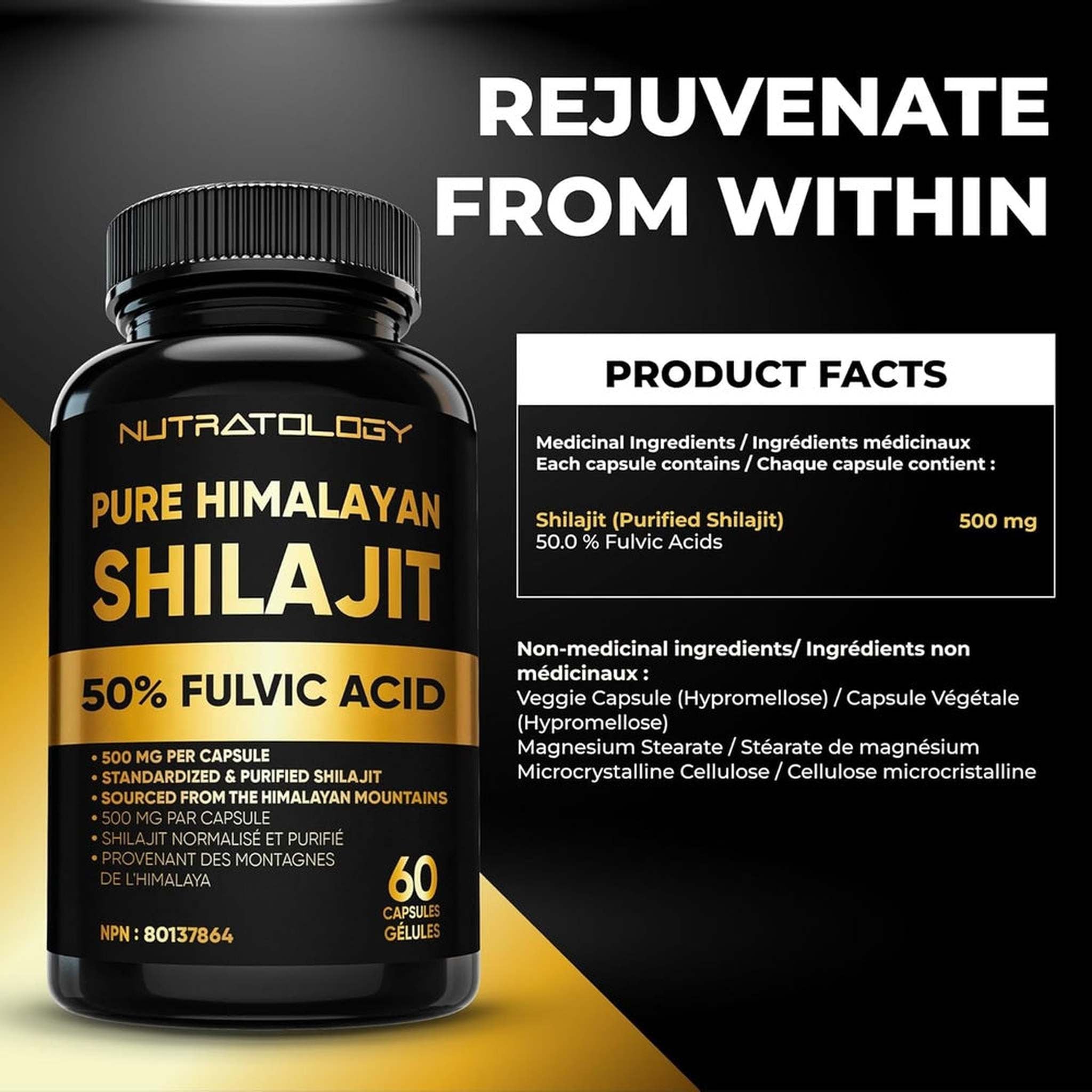 Nutratology® Pure Shilajit Himalayen 500mg – 50% Acide Fulvique – 60 Capsules