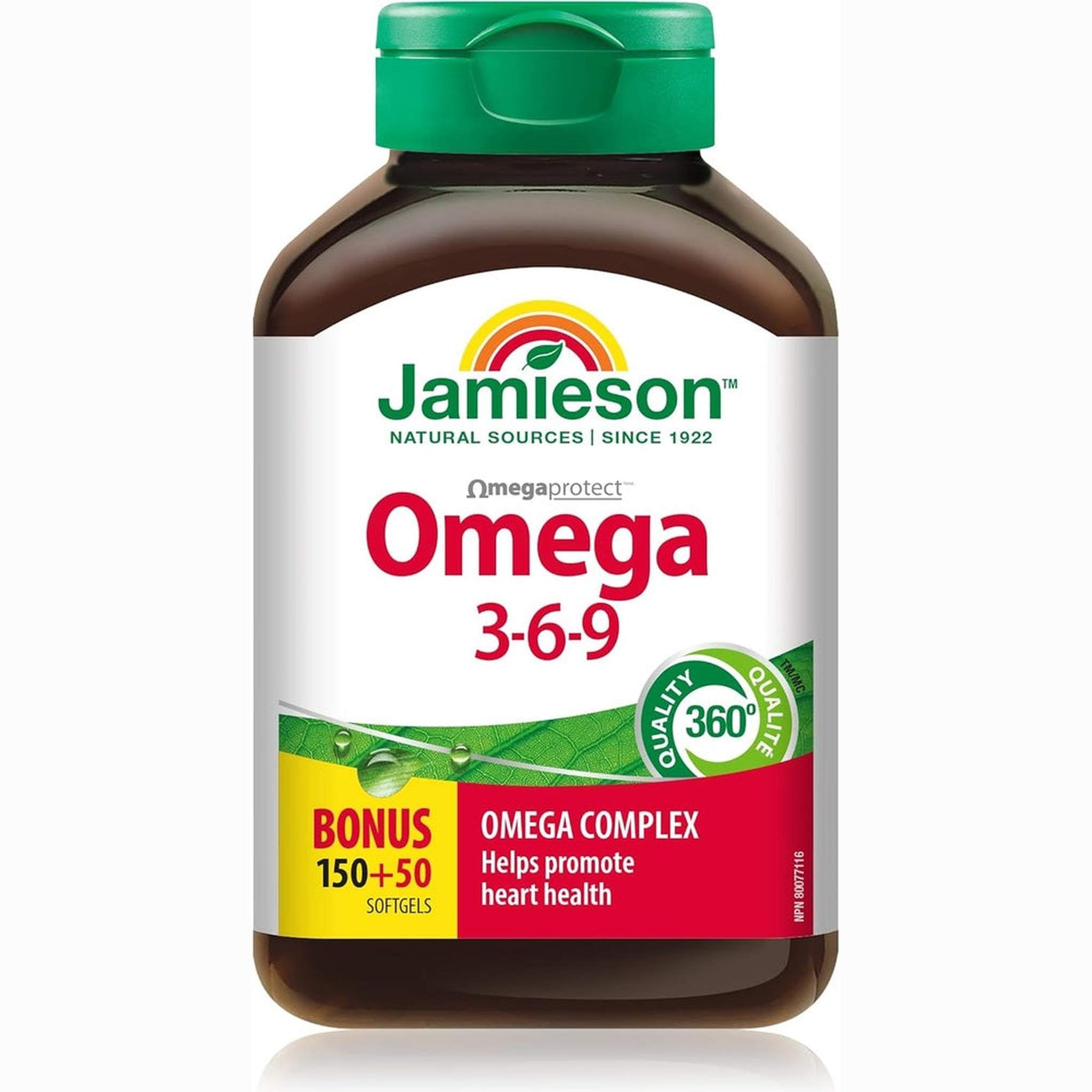 Jamieson Oméga 3-6-9 – 200 Gélules Molles Taille Bonus – Huile de Poisson, Bourrache & Lin