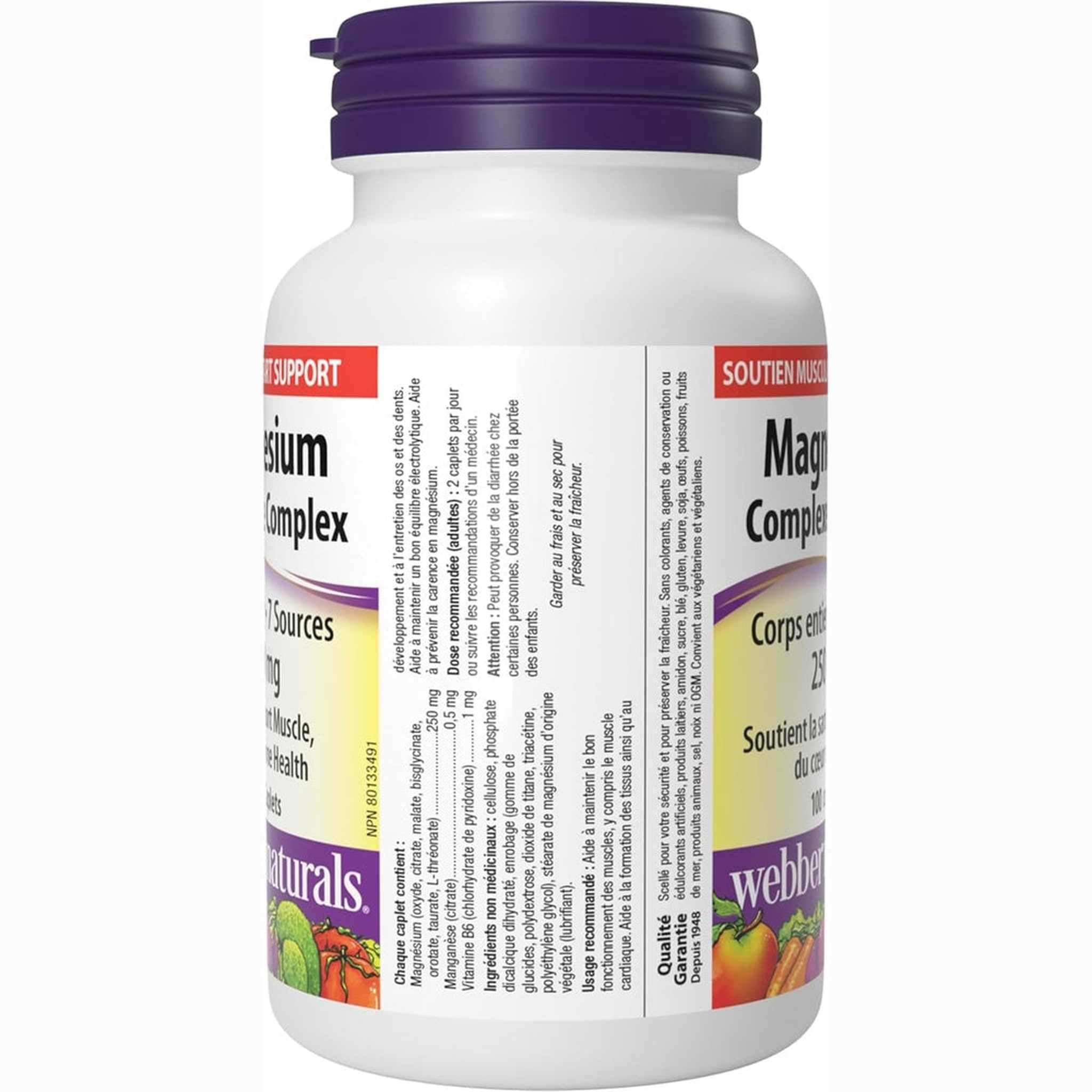 Webber Naturals Complexe Complet de Magnésium 250mg – 7 Sources – 100 Caplets
