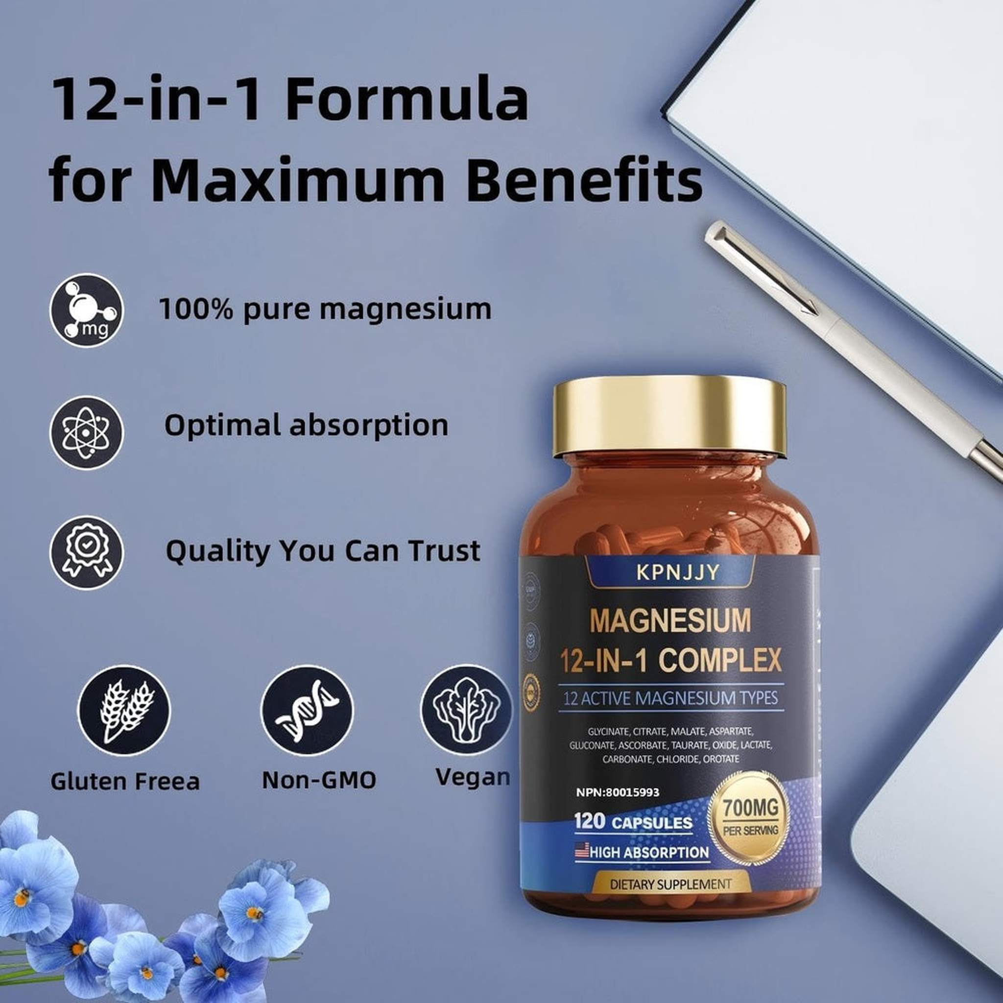 Magnésium 700mg Complexe 12 en 1 – 120 Capsules Végétariennes