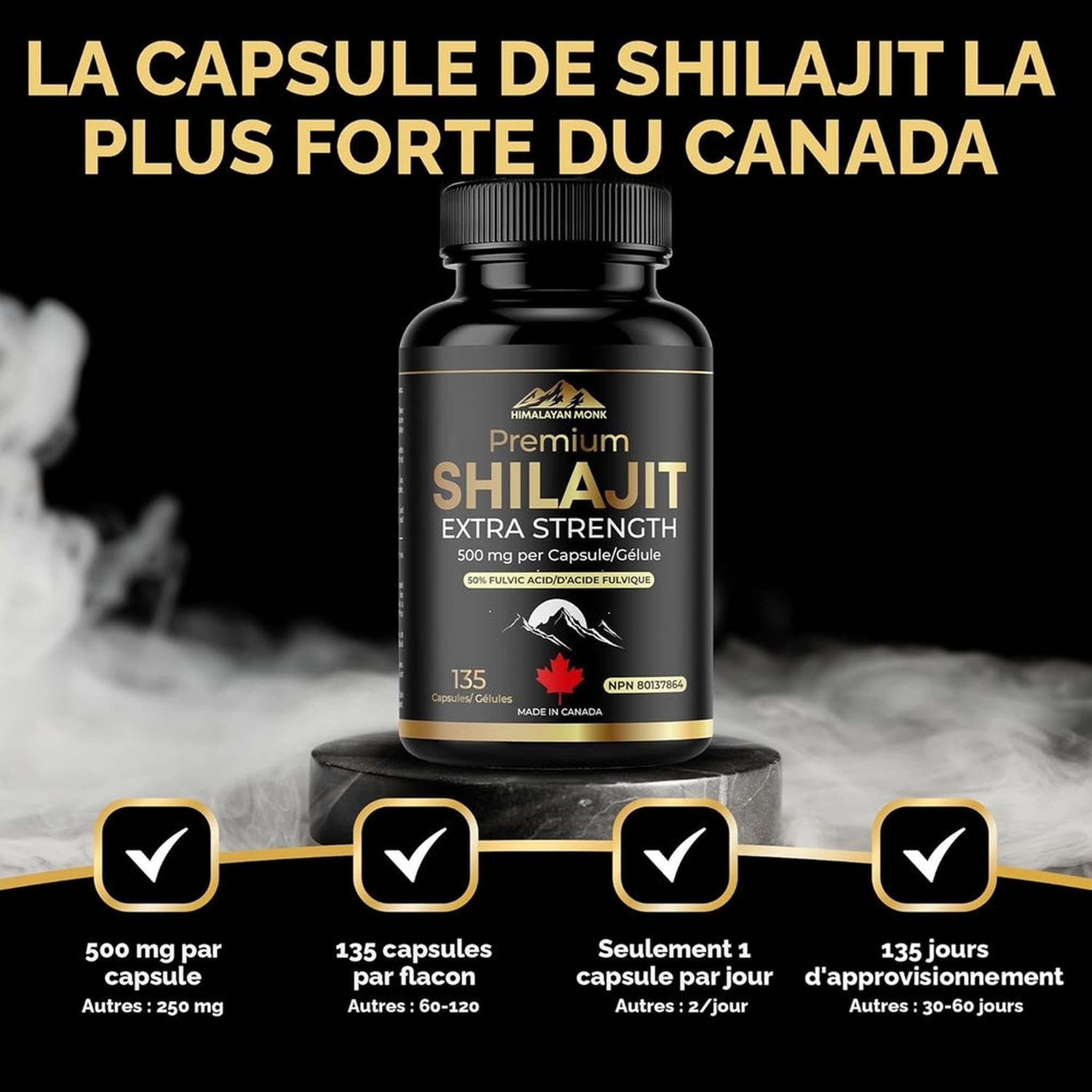 Himalayan Monk Premium Shilajit Extra Fort 500mg – 135 Capsules – 50% Acide Fulvique