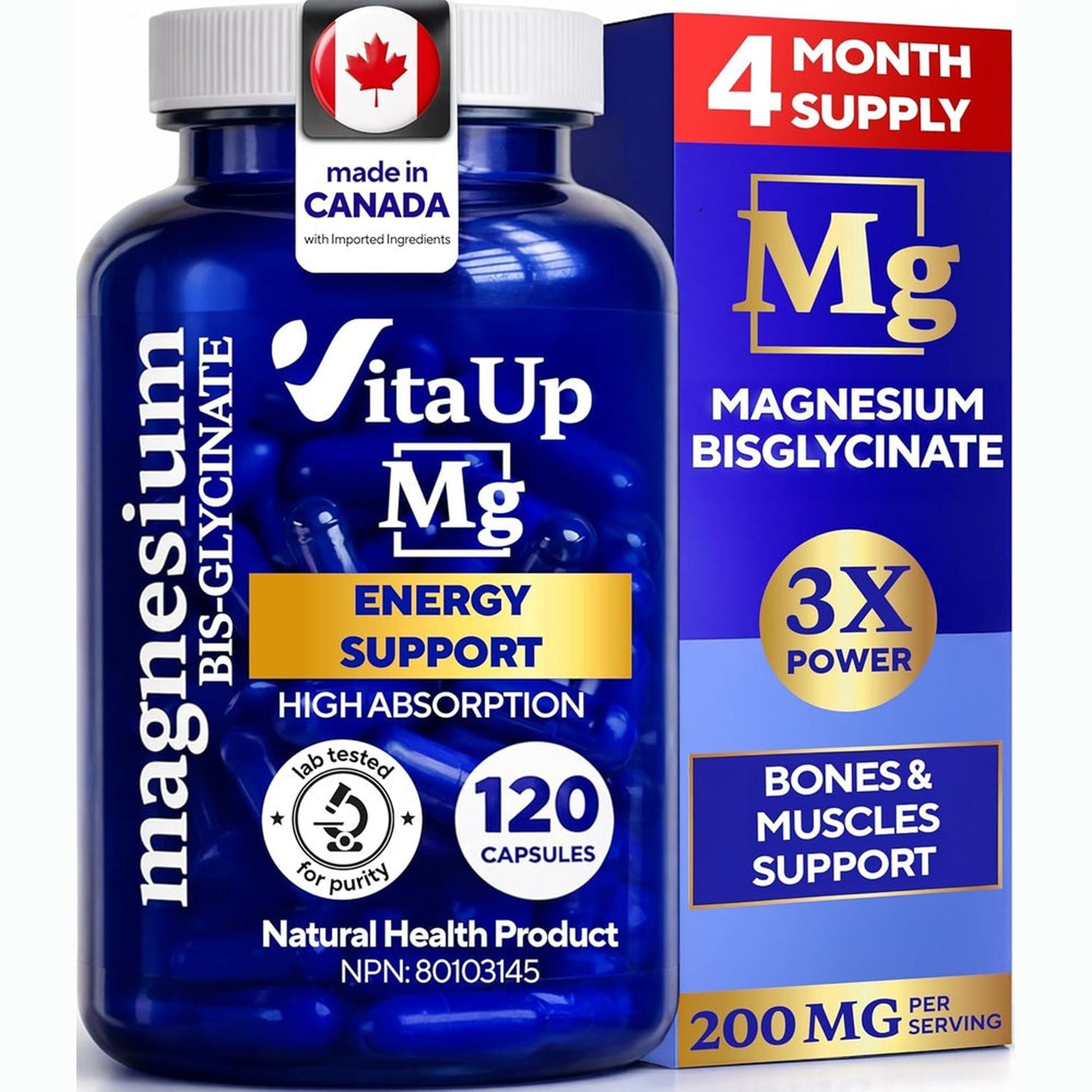 VitaUp Bisglycinate de Magnésium 200mg – 120 Gélules Végétaliennes