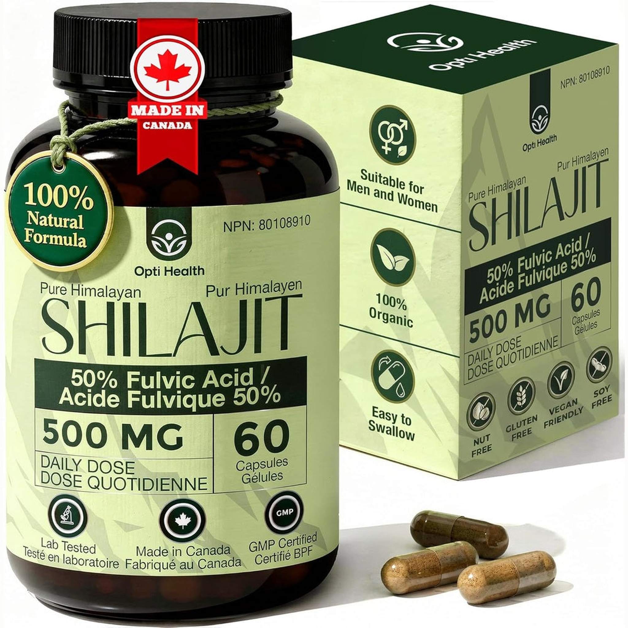 Opti Health Shilajit Himalayen Pur 500mg – 50% Acide Fulvique – 60 Capsules