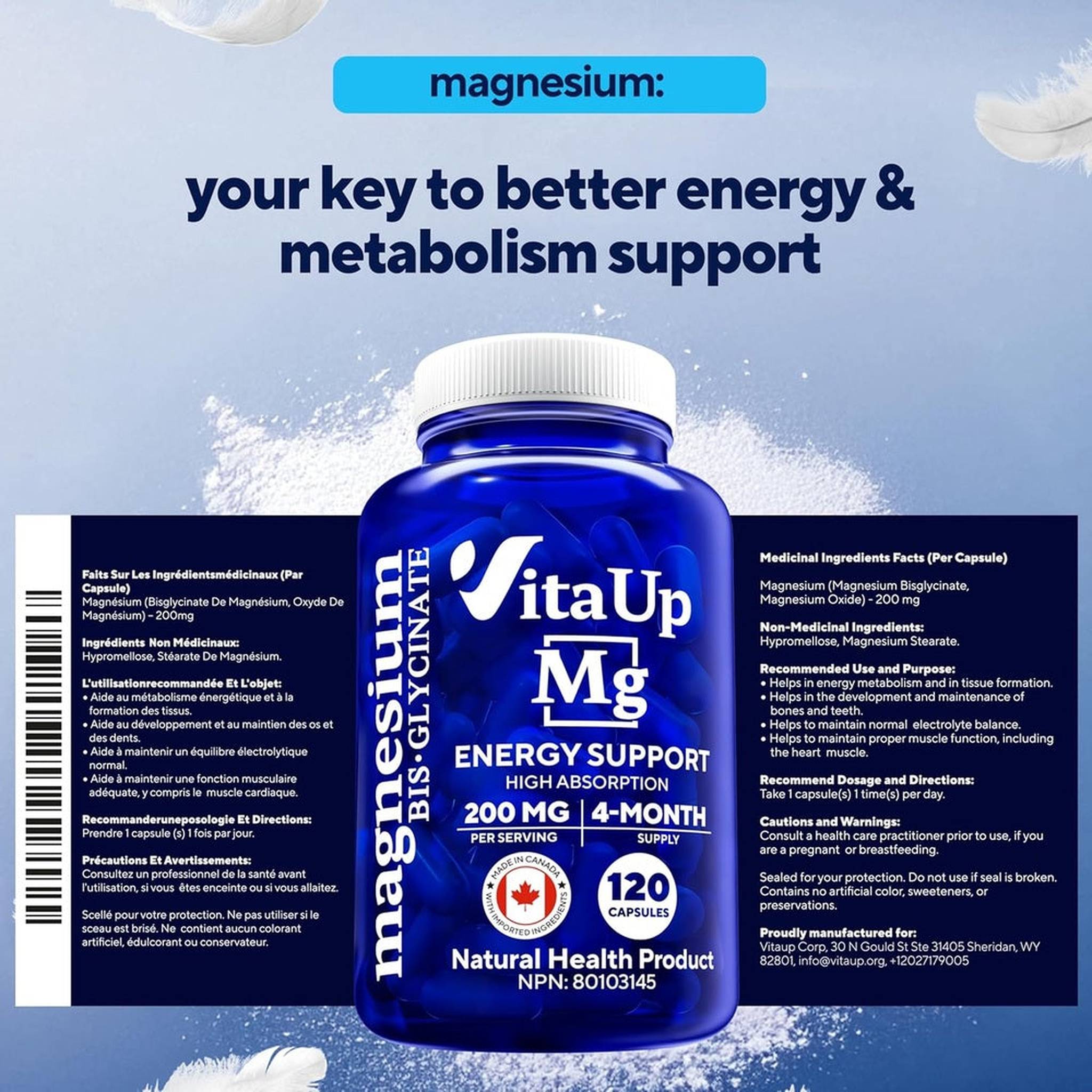 VitaUp Bisglycinate de Magnésium 200mg – 120 Gélules Végétaliennes