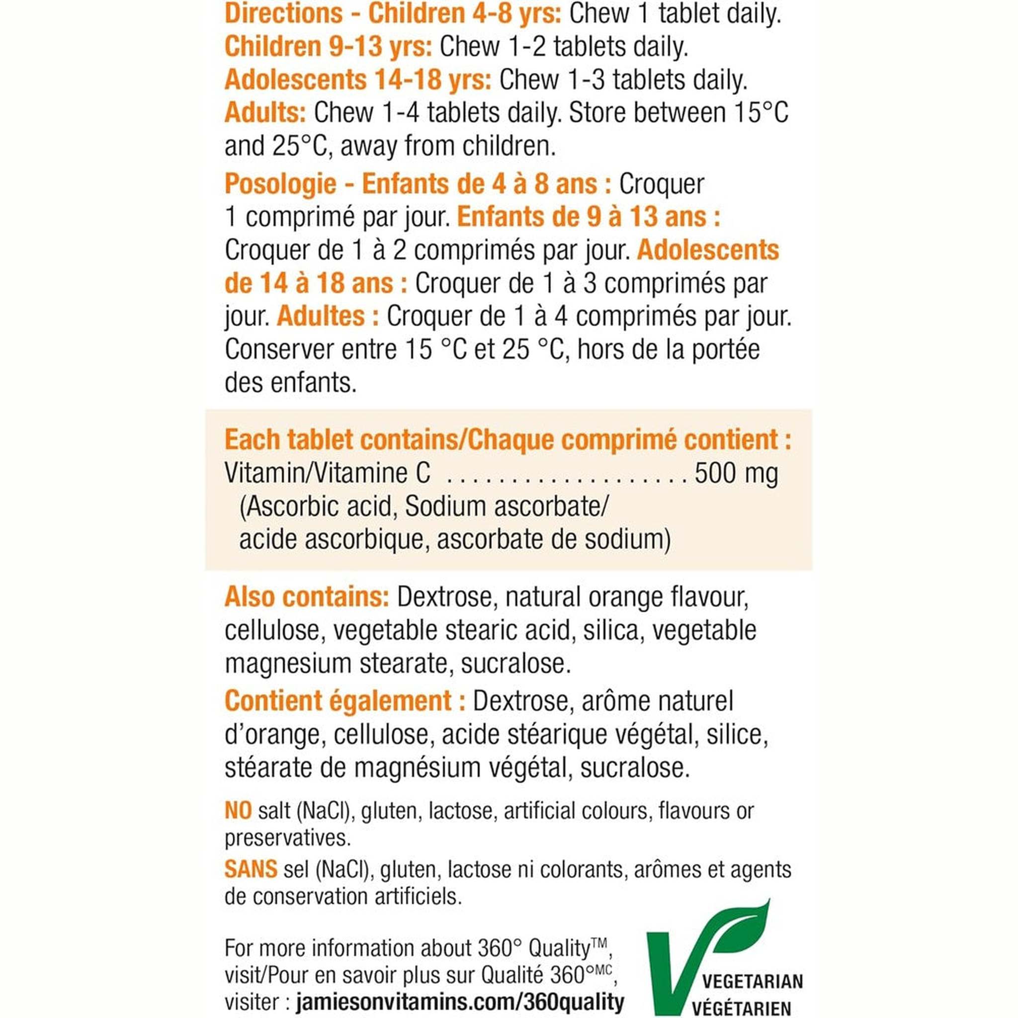Jamieson Vitamine C à Mâcher 500mg – 120 Comprimés – Immunité & Antioxydant
