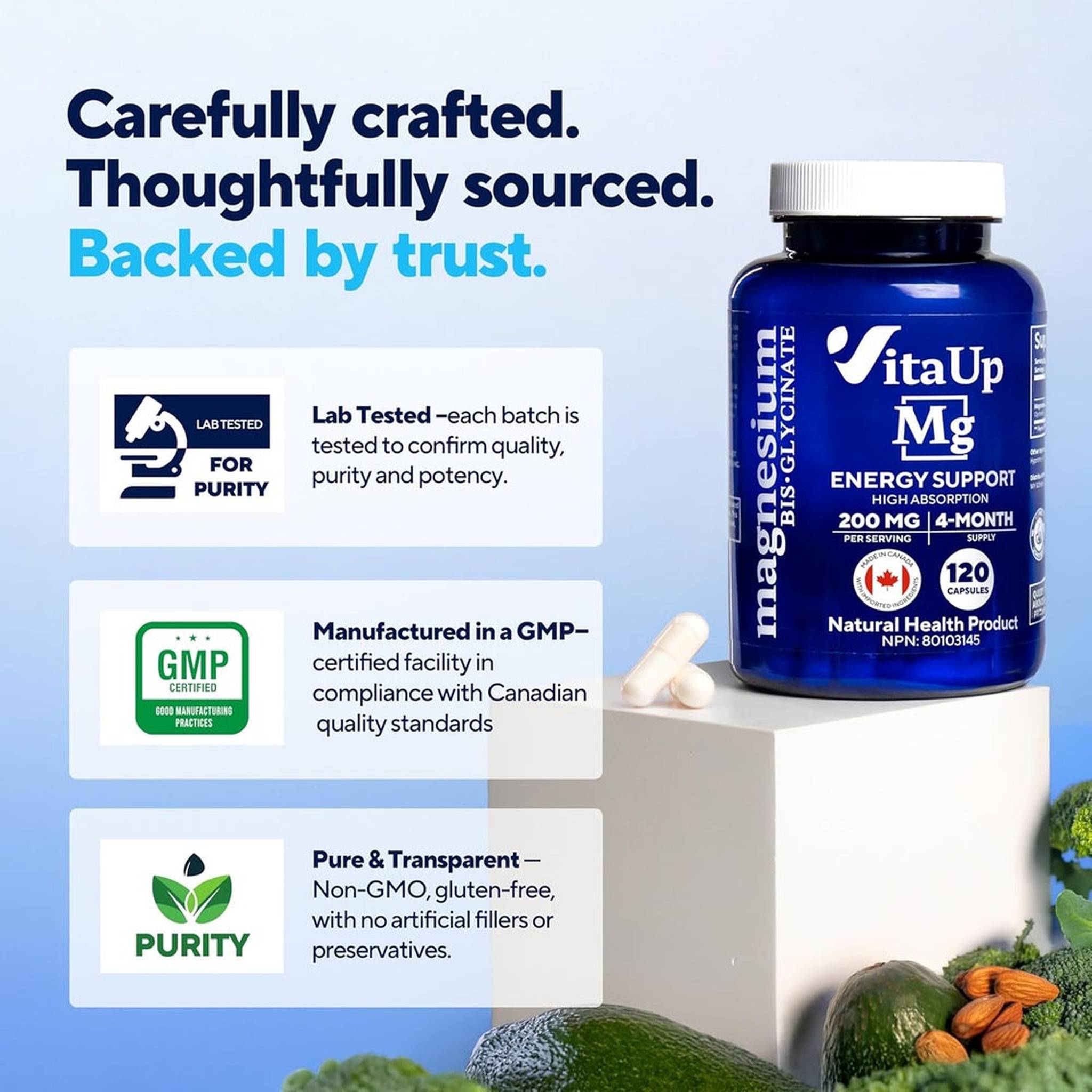 VitaUp Bisglycinate de Magnésium 200mg – 120 Gélules Végétaliennes