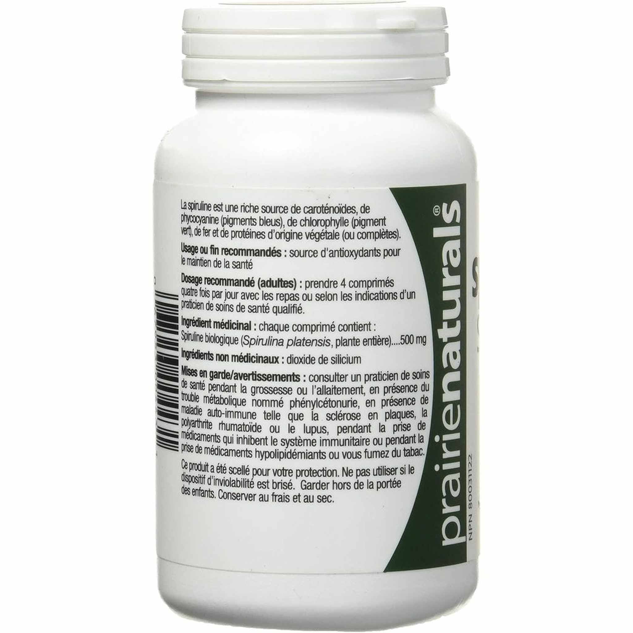 Prairie Naturals Spiruline Bio – Algues Bleues-Vertes – 360 Comprimés