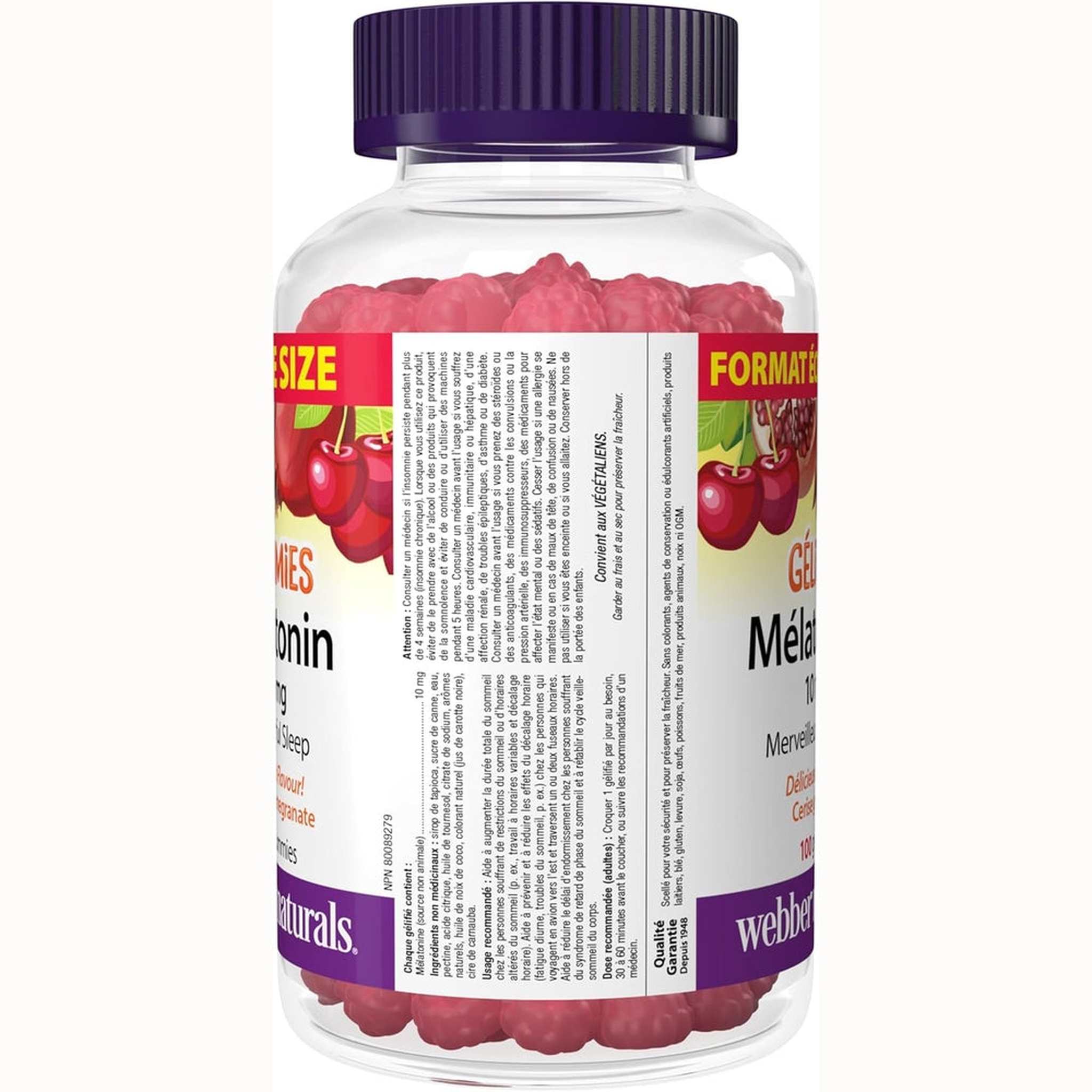 Webber Naturals Mélatonine 10mg Gummy – Cerise & Grenade – 100 Gommes