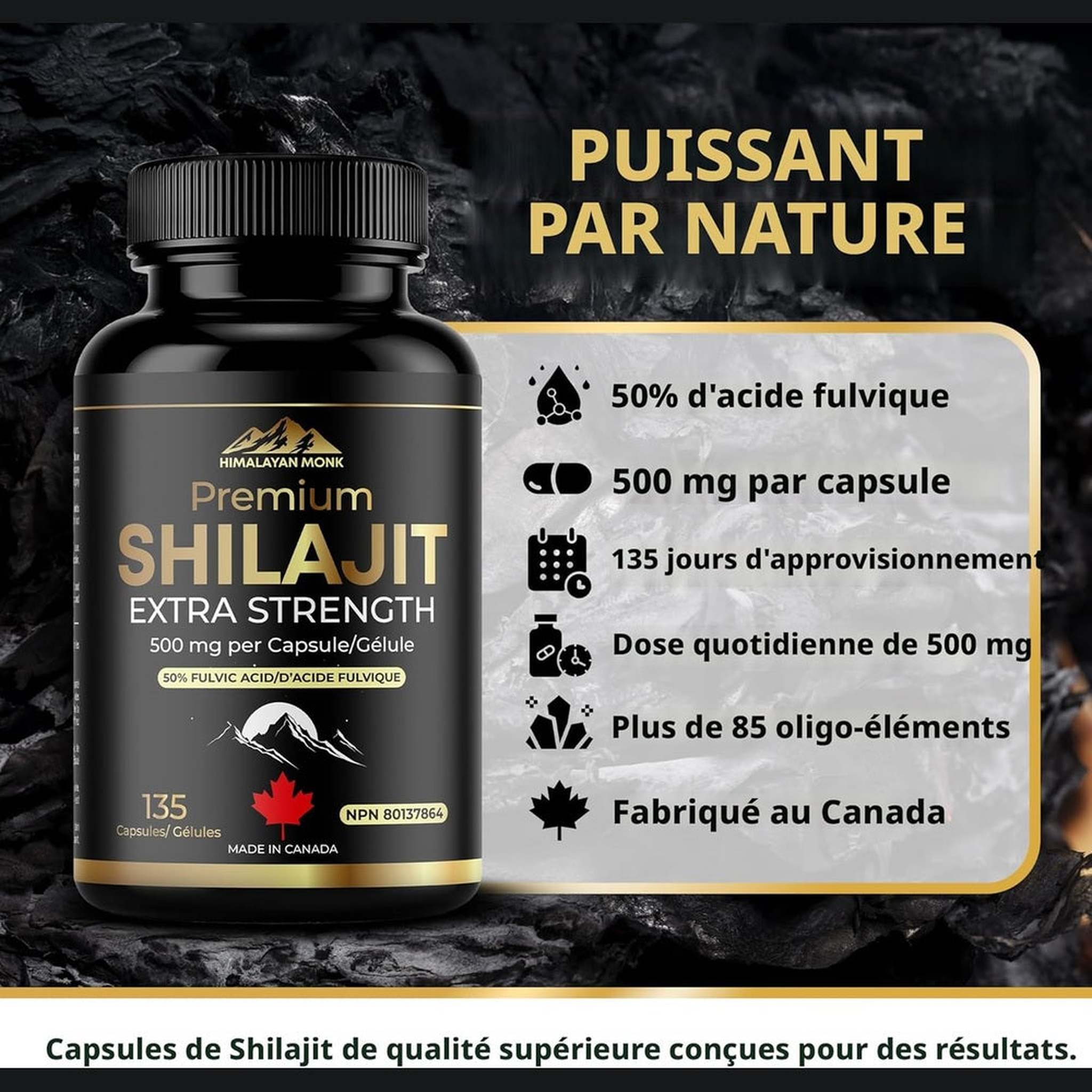 Himalayan Monk Premium Shilajit Extra Fort 500mg – 135 Capsules – 50% Acide Fulvique