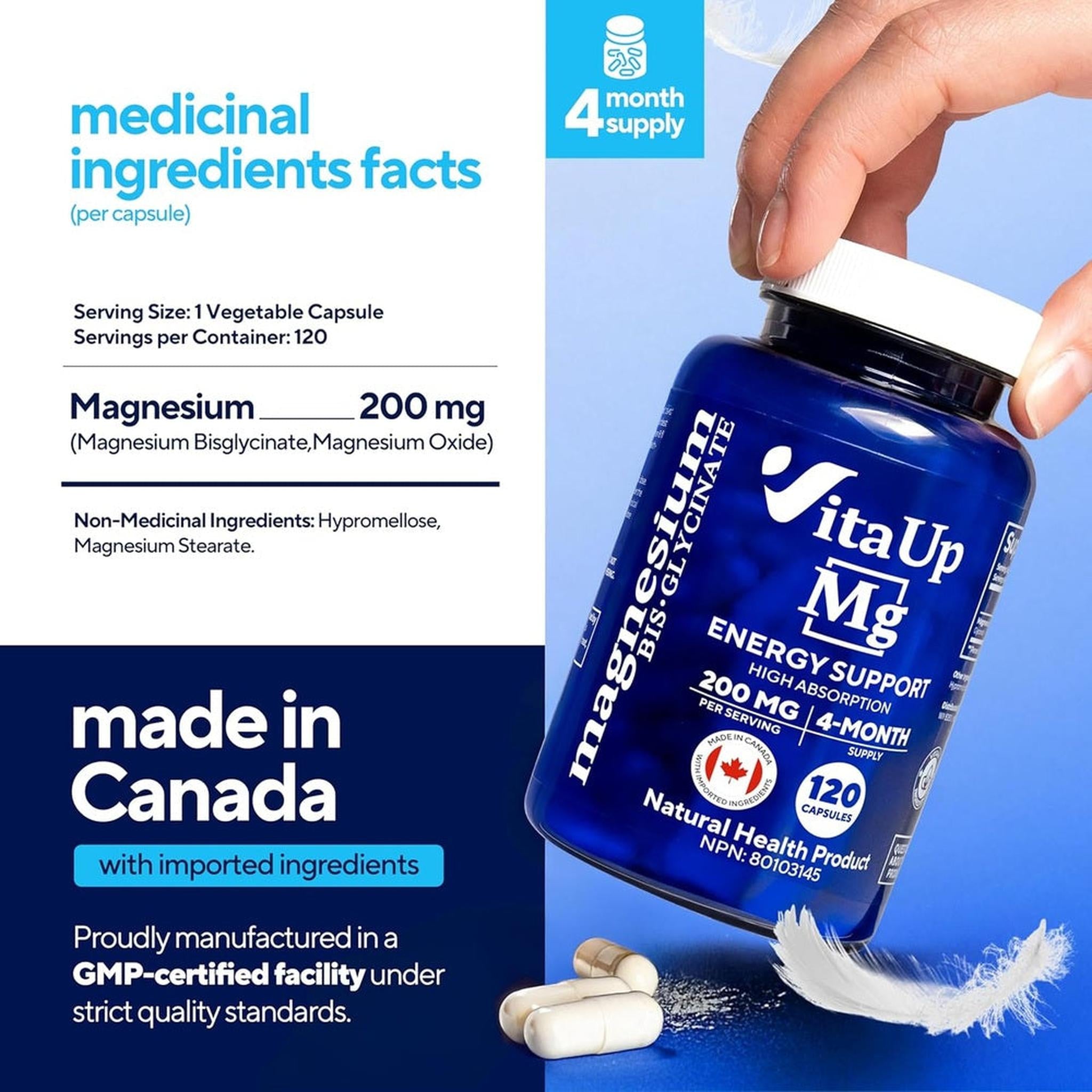 VitaUp Bisglycinate de Magnésium 200mg – 120 Gélules Végétaliennes