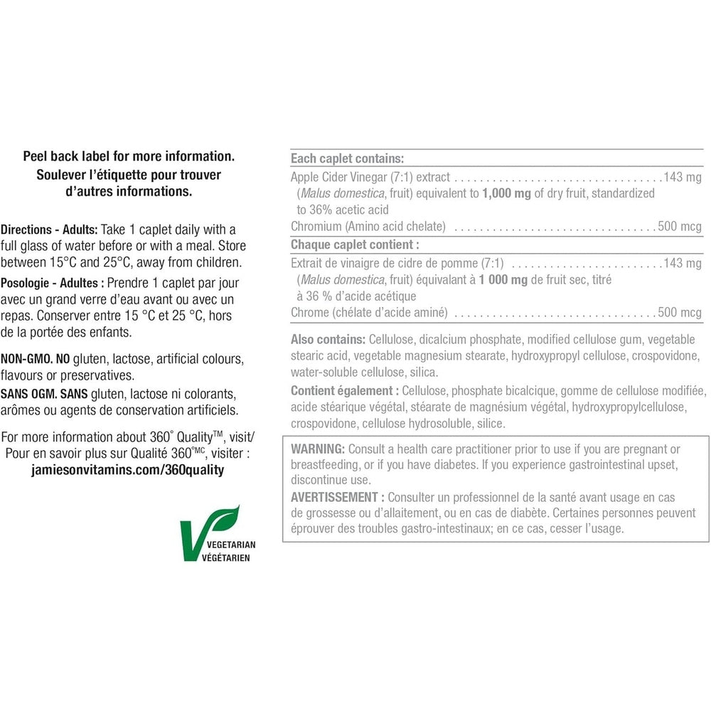 Jamieson Vinaigre de Cidre de Pomme + Chrome – 120 Comprimés – Glycémie & Métabolisme
