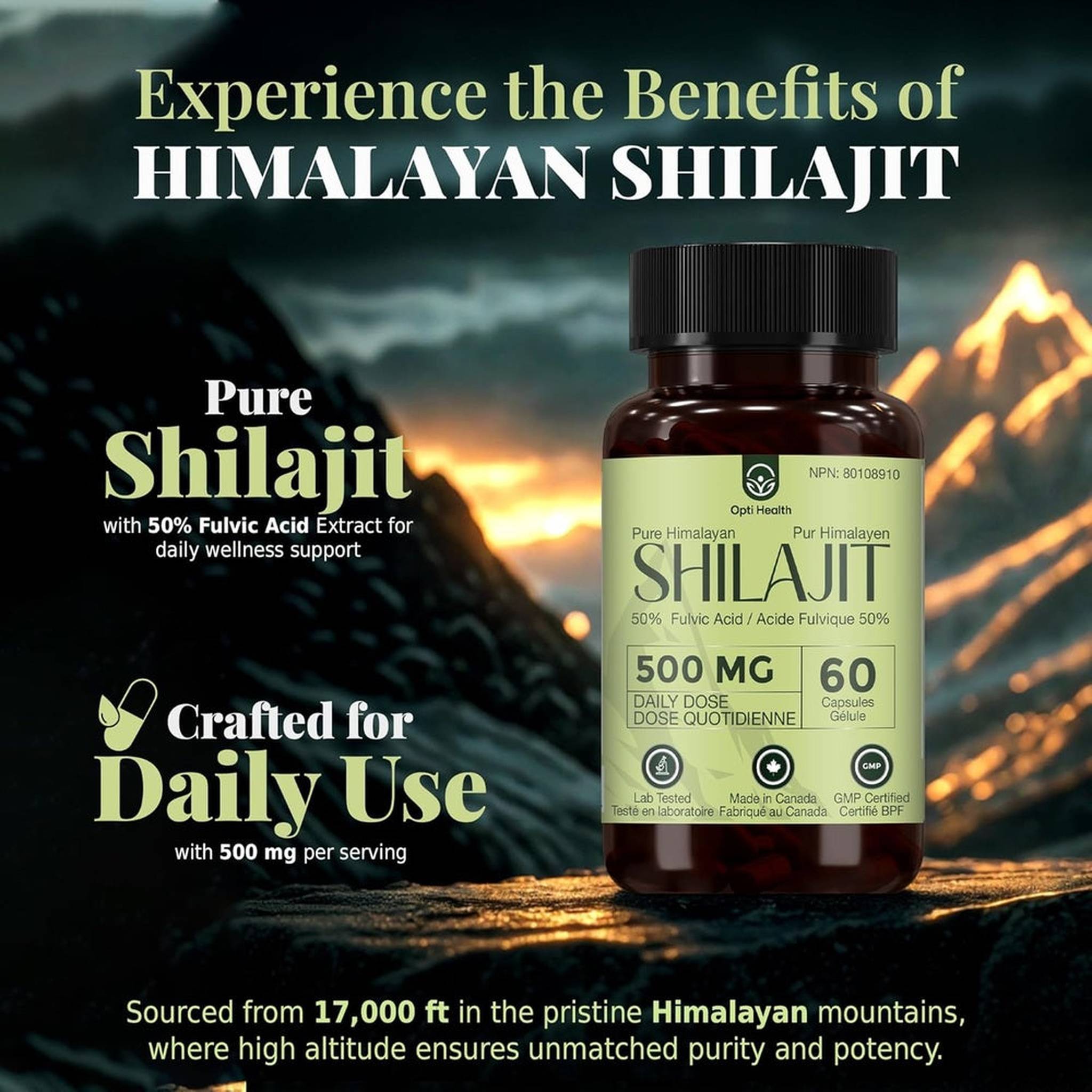 Opti Health Shilajit Himalayen Pur 500mg – 50% Acide Fulvique – 60 Capsules