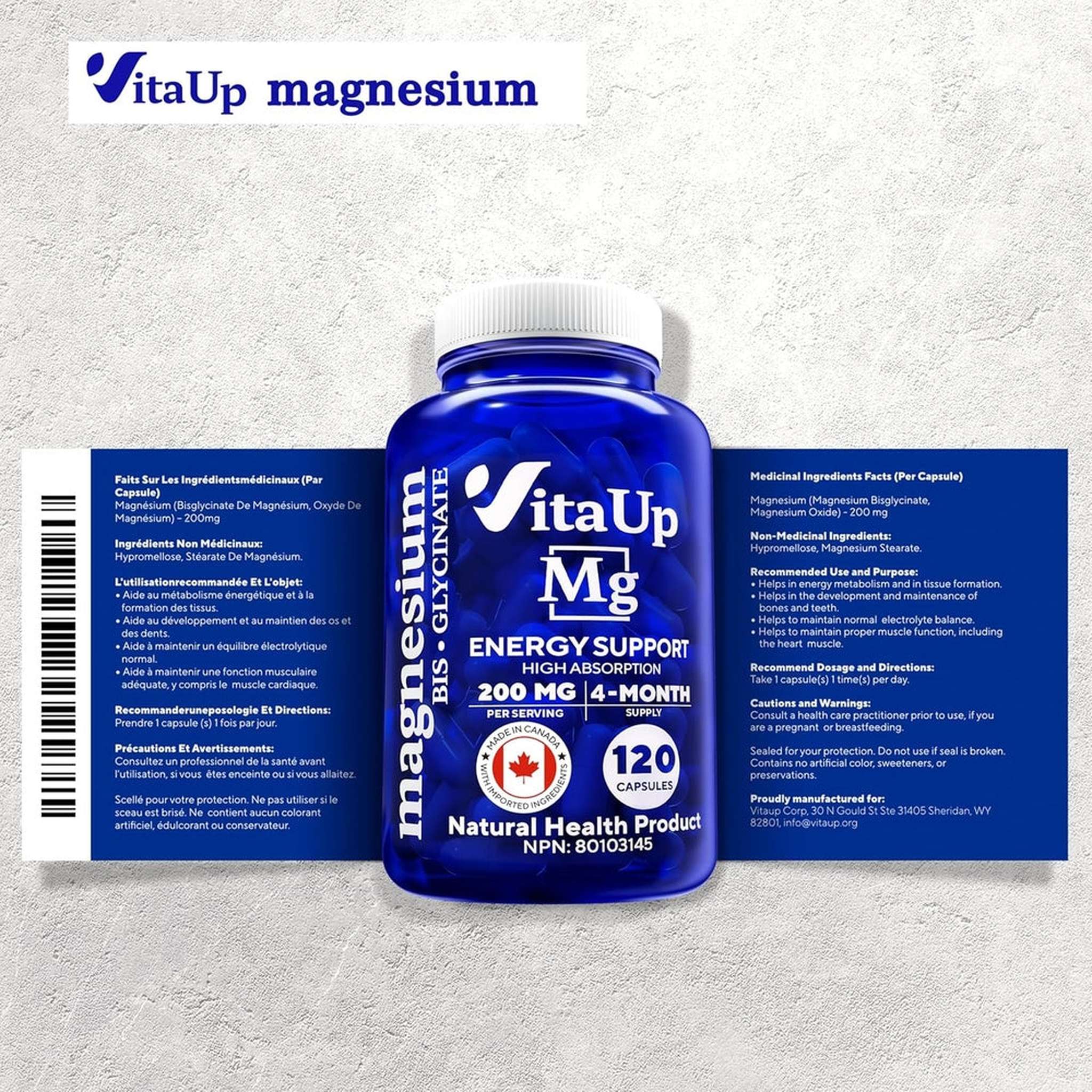 VitaUp Bisglycinate de Magnésium 200mg – 120 Gélules Végétaliennes