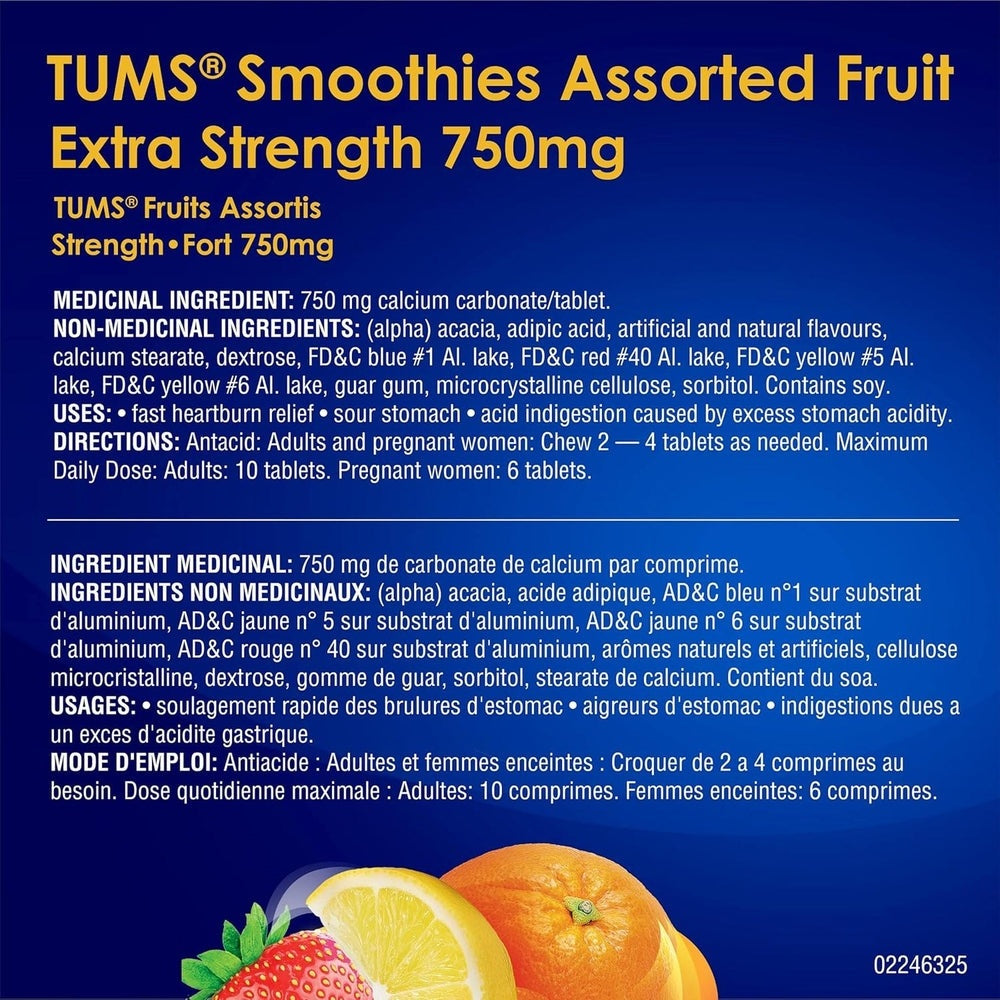 Tums Ultra Fort Antiacide – 200 Comprimés – Menthe Poivrée, Fruits Assortis & Smoothies