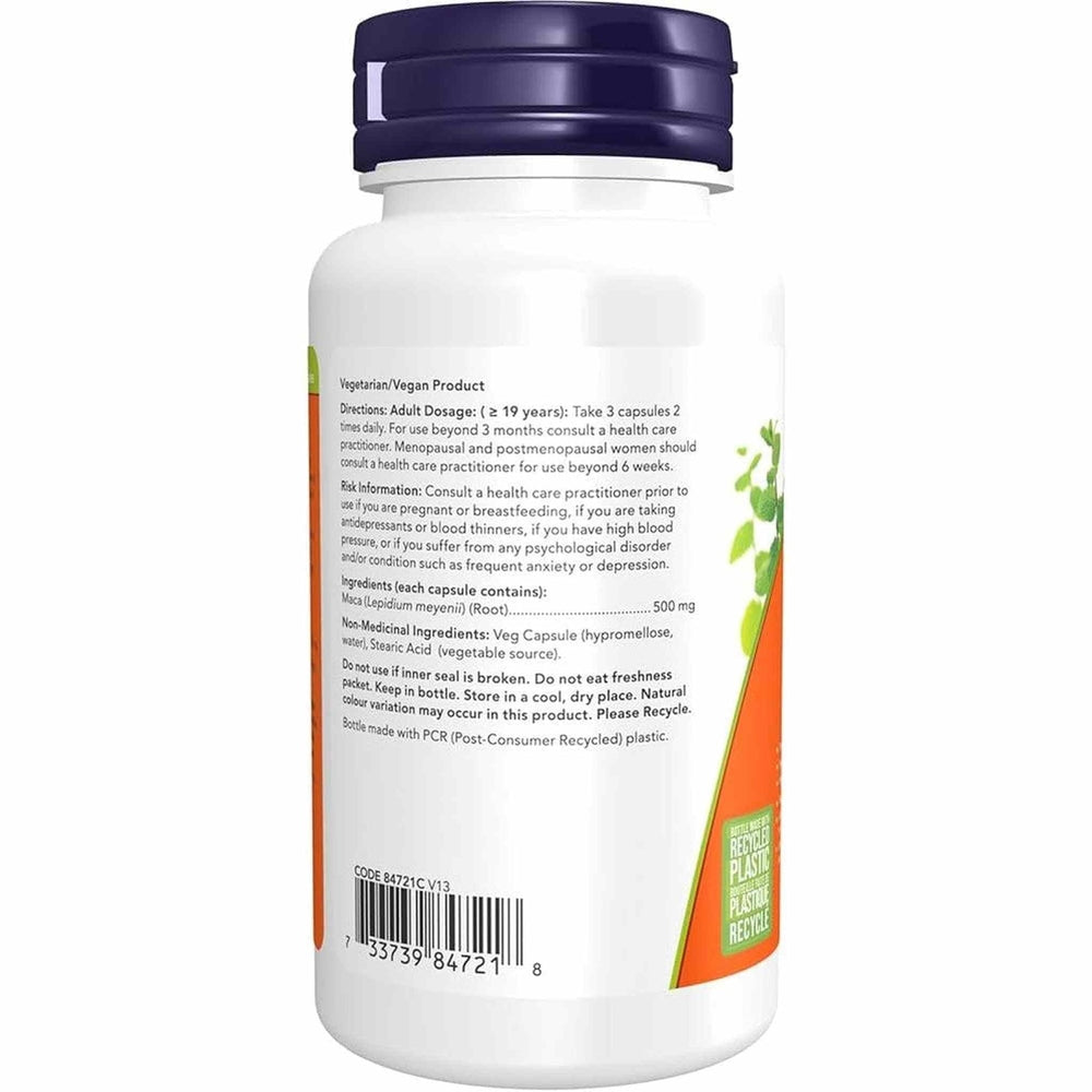 Maca 500mg NOW - Étiquette nutritionnelle et ingrédients - Supplément adaptogène péruvien
